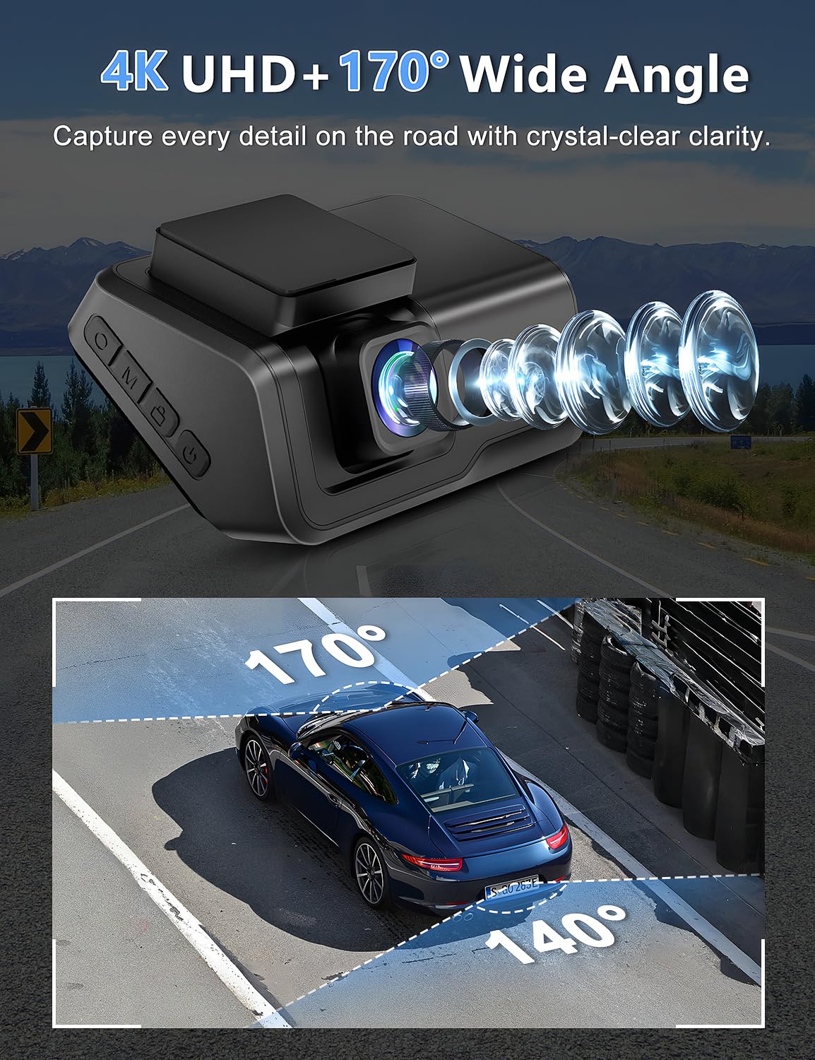 Dash Cam Front And Rear Camera, 4K+1080P Wifi Dual Dash Cam With App, 3 Ips Dash Camera For Cars With Free 64Gb Card, Otovoda Da