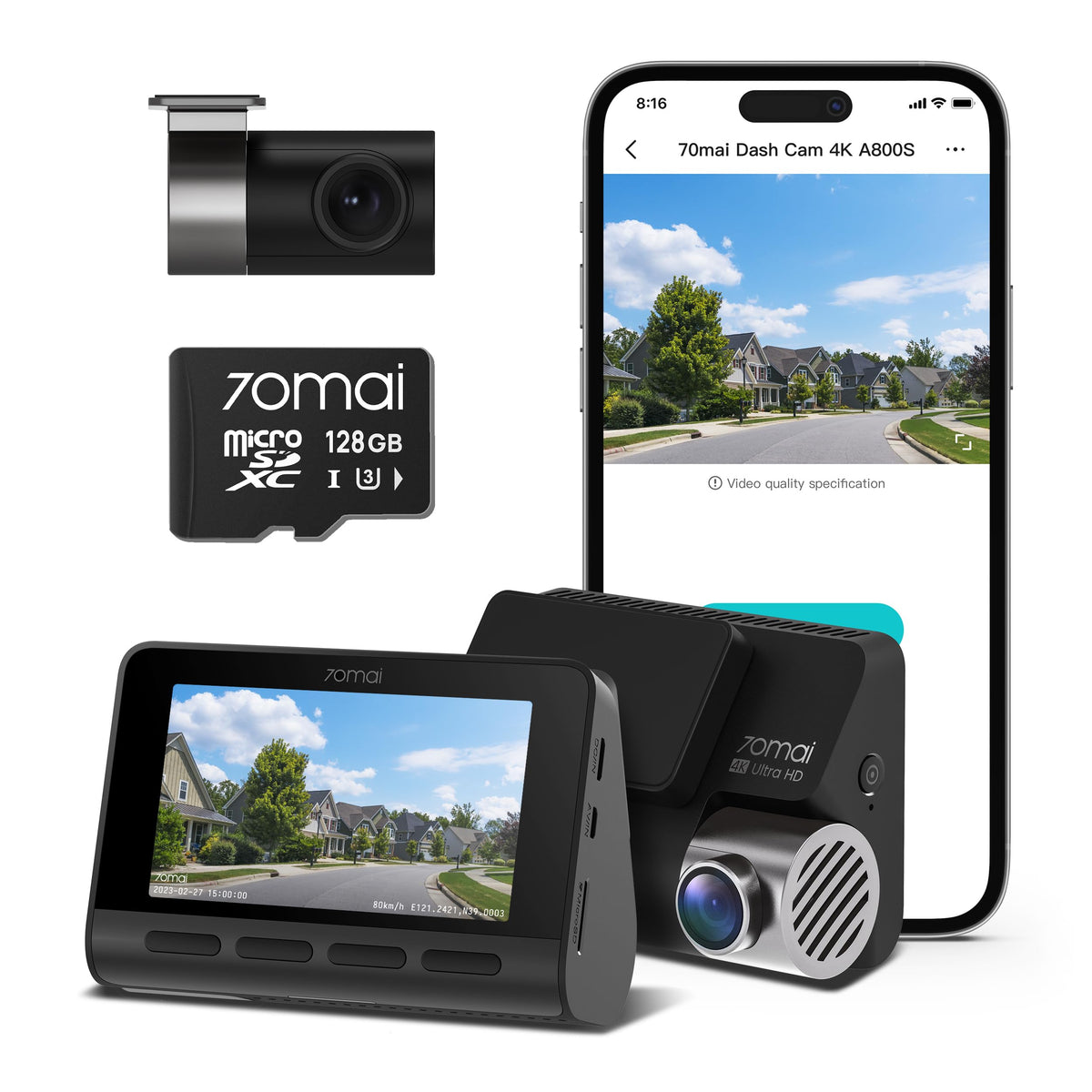 70Mai 4K Dash Cam A800S With Sony Imx415, Front And Rear,With Free 128Gb Sd Card, Built In Gps, Super Night Vision, 3'' Ips Lcd,