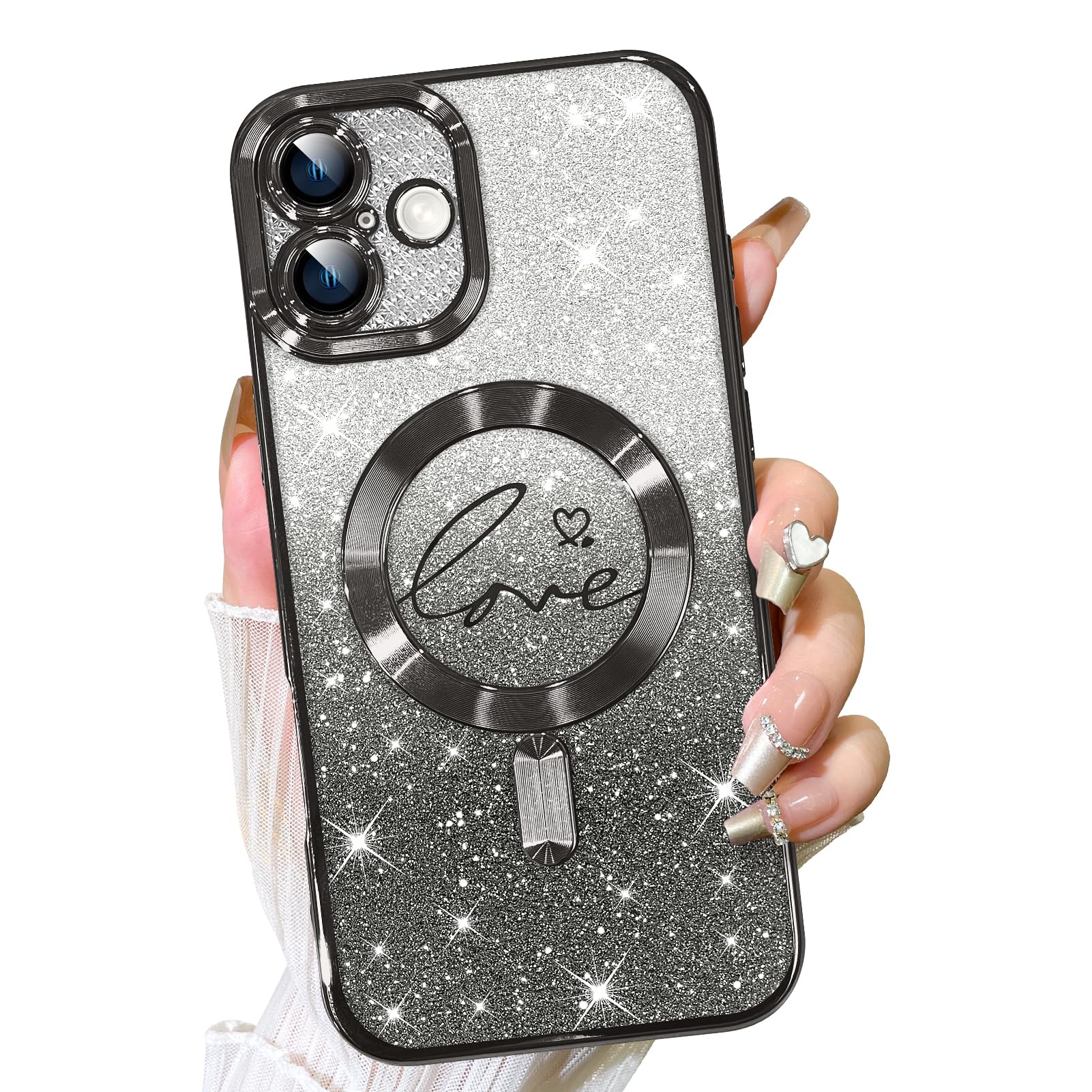 Fiyart Designed For Iphone 16 Plus Case,Compatible With Magsafe Love Hearts Plating Camera Protection Clear Phone Case, Magnetic