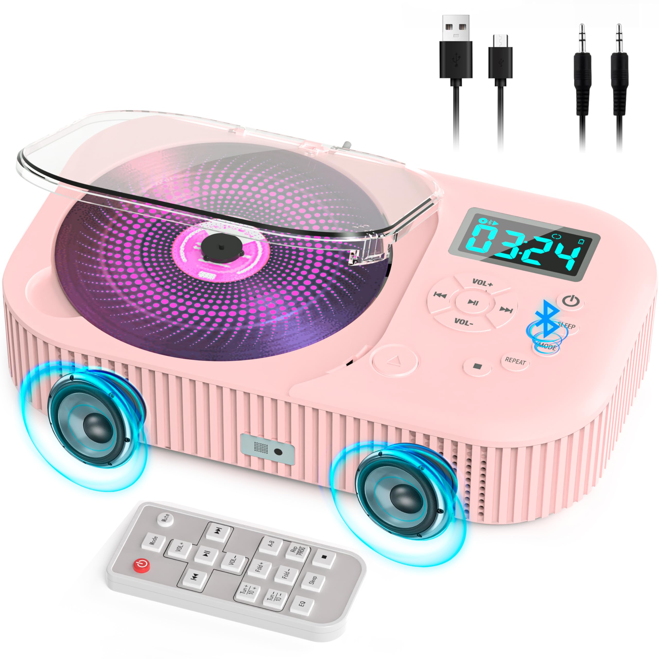 Pink Cd Player With Bluetooth 5.3 & Anti Skip, Portable Cd Player For Kids & Home, 2000Mah Rechargeable, Fm Radio/Usb/Aux, Sleep Timer & Gift Bundle � Hifi Sound & Remote Control