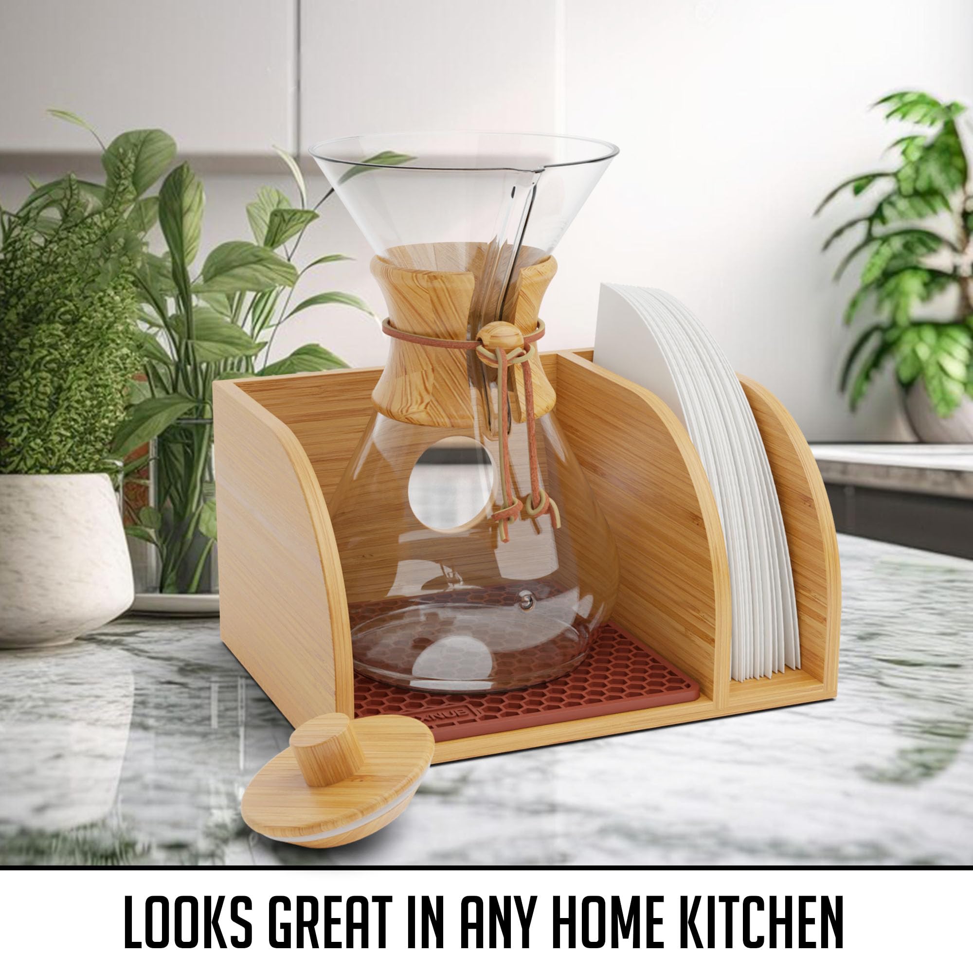 HEXNUB Pour Over Coffee Maker Caddy and Lid, Bamboo Stand, Brown Silicone Mat, Fits Chemex, Bodum, Cosori - CHEMEX STANDS