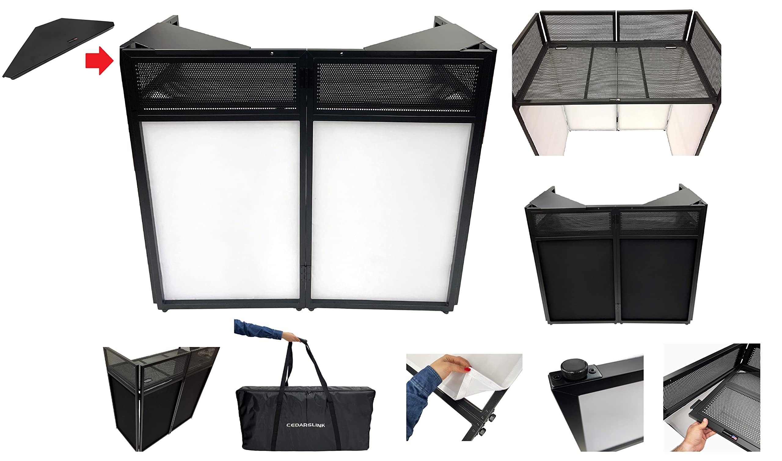 Jumbo 53 Wide DJ Event Facade White/Black Scrim Booth Two Top Corner Table Tops 23x53 Table! Padded Carrying Case! All Aluminum 