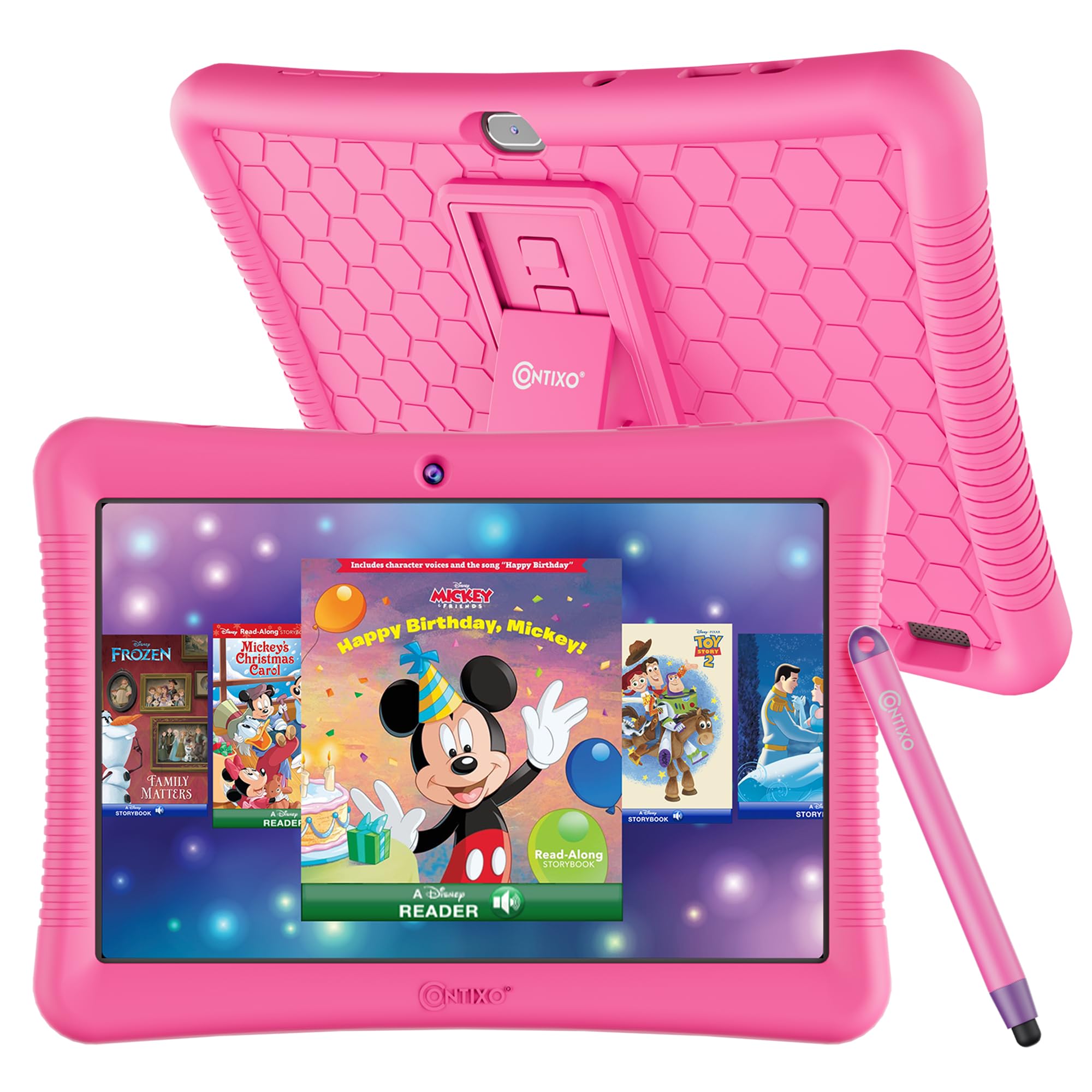 Contixo 10' Android Kids Tablet 32Gb, Includes 80+ Disney Storybooks & Stickers, Parental Controls, Kid Proof Case With Kickstand & Stylus, (2024 Model)   Pink