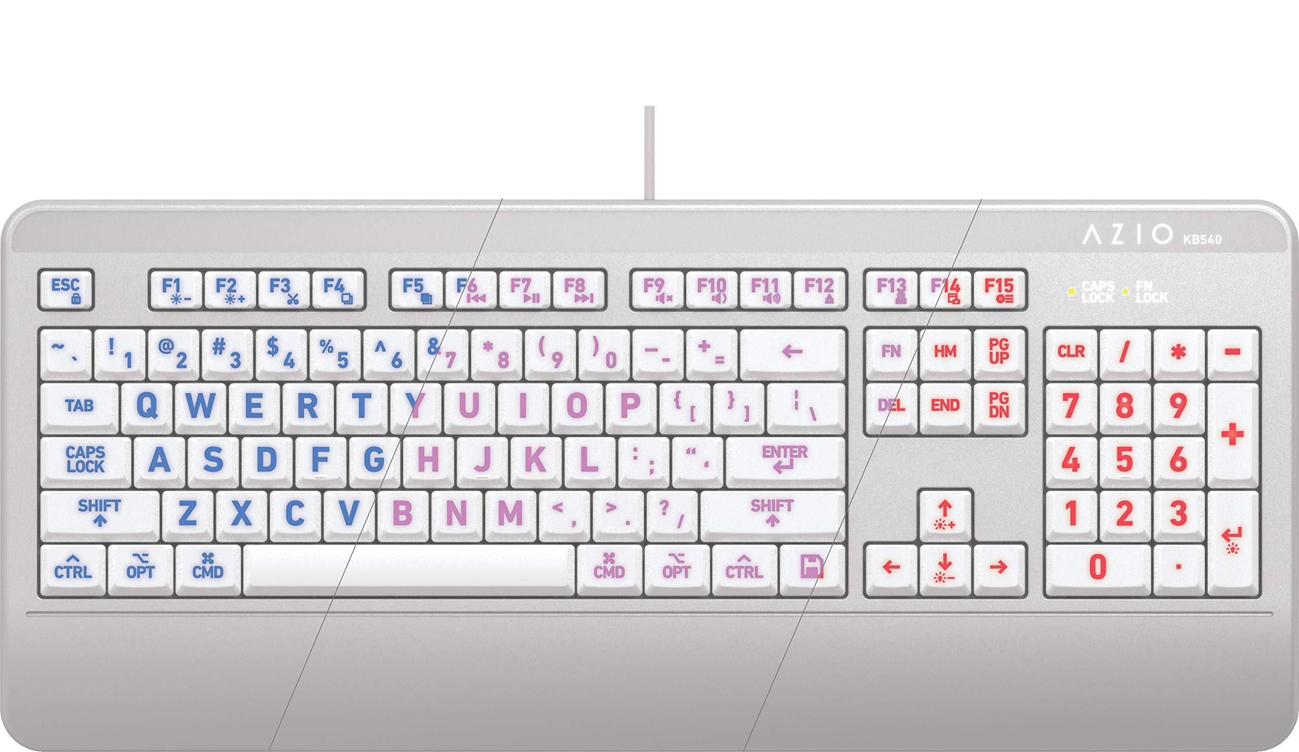 Azio Vision Mac Usb C Keyboard, Backlit/Large Print, 3 Interchange Backlight Colors, Blue/Red/Purple (Kb540)