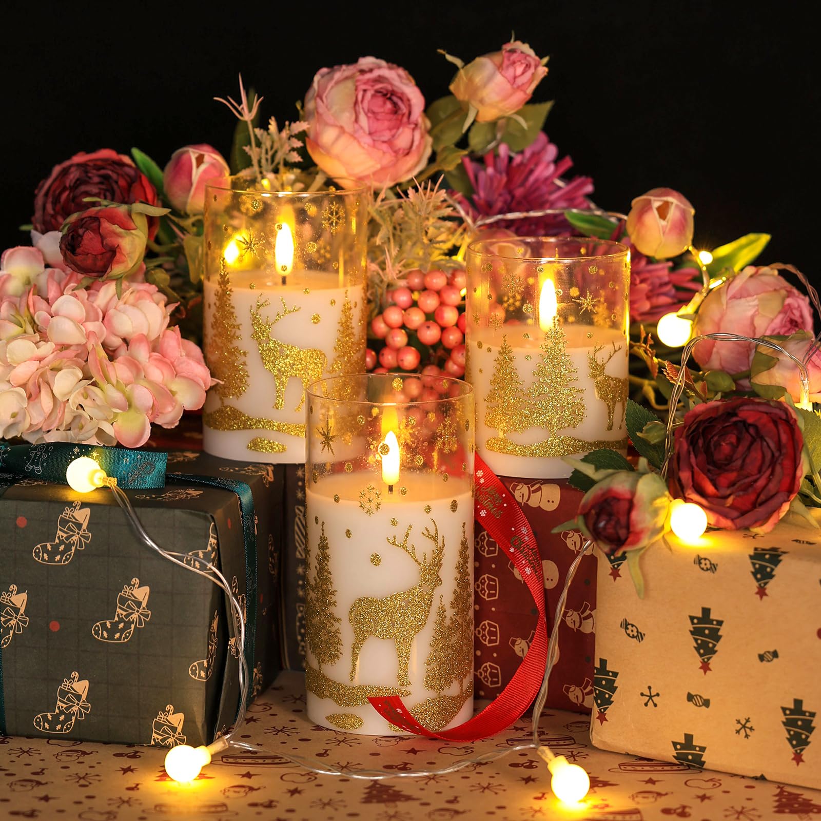 Flameless Candles With Remote, Real Wax Led Candles With Golden Snowflakes, Trees & Deer, Battery Operated Flickering Candles Wi