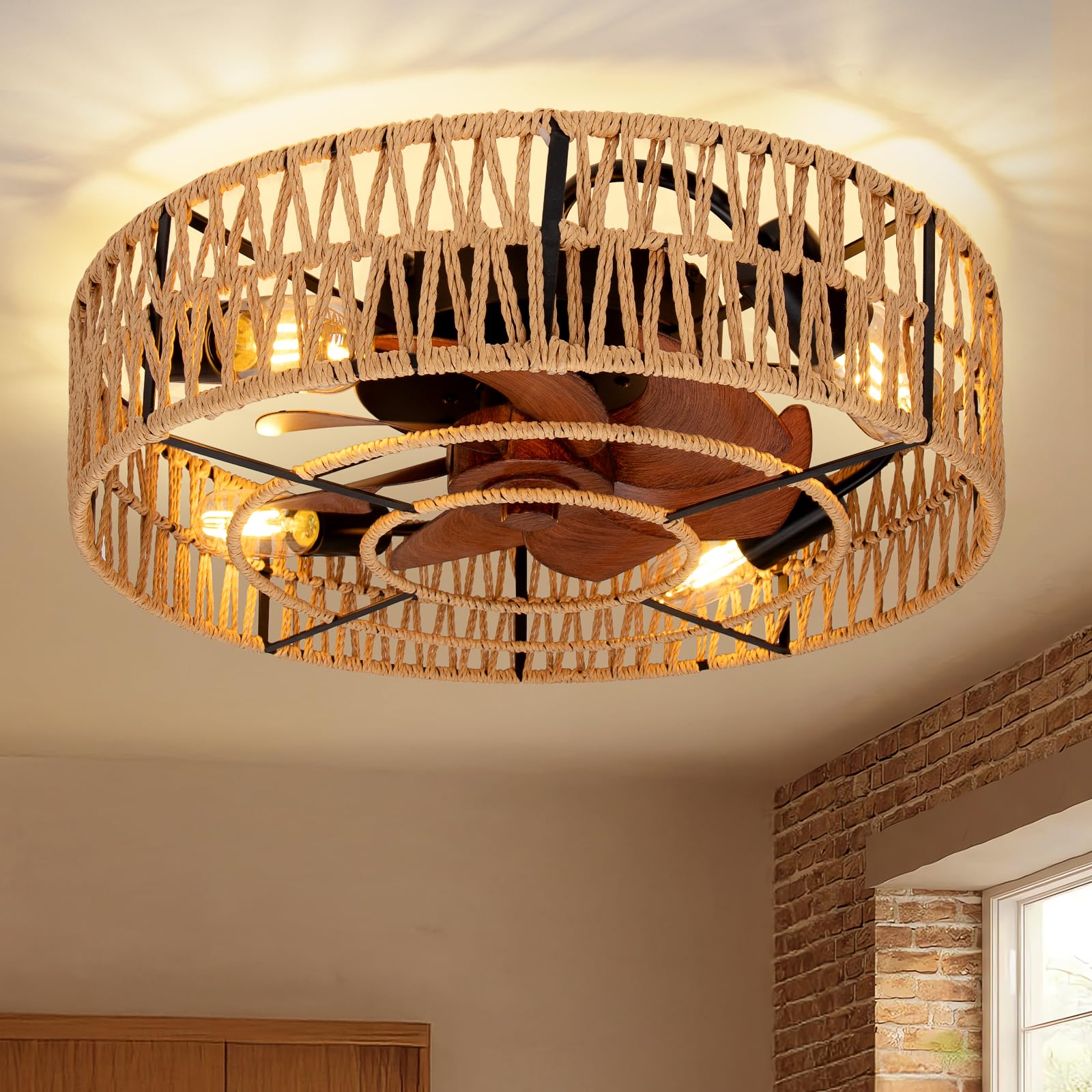 vookea 2-in-1 Low Profile Ceiling Fan with Light, 20    Caged Boho Safety Design for Kids - 3000K, Smart APP/Remote Control, Qui