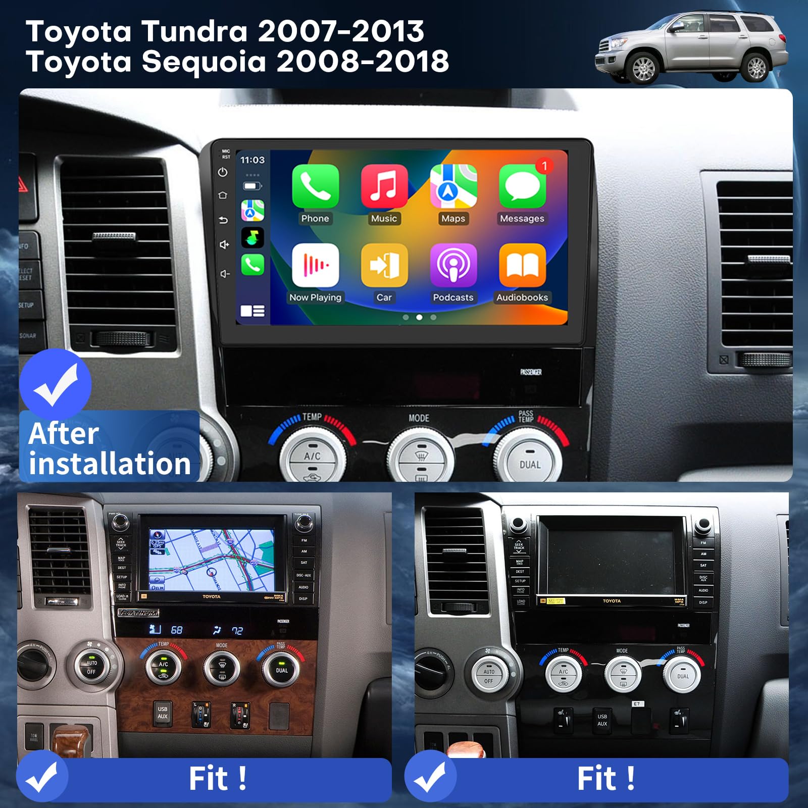 Car Radio For Toyota Tundra 2007-2013 Toyota Sequoia 2008-2018 Radio Replacement With Wireless Carplay & Android Auto Wifi Gps B