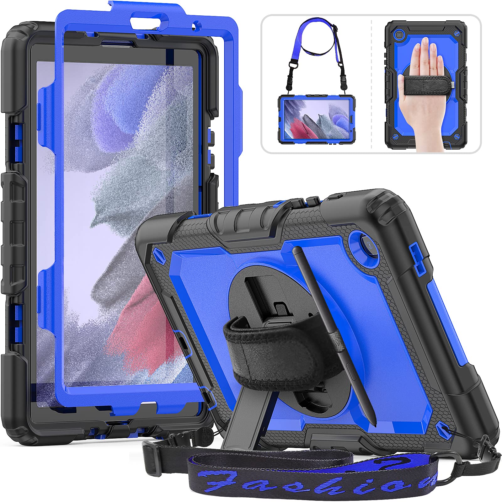 Hxcaseac For Galaxy Tab A7 Lite Case 8.7 Inch With Screen Protector, 360 Swivel Hand Strap Stand, Pen Holder, Shockproof Silicon