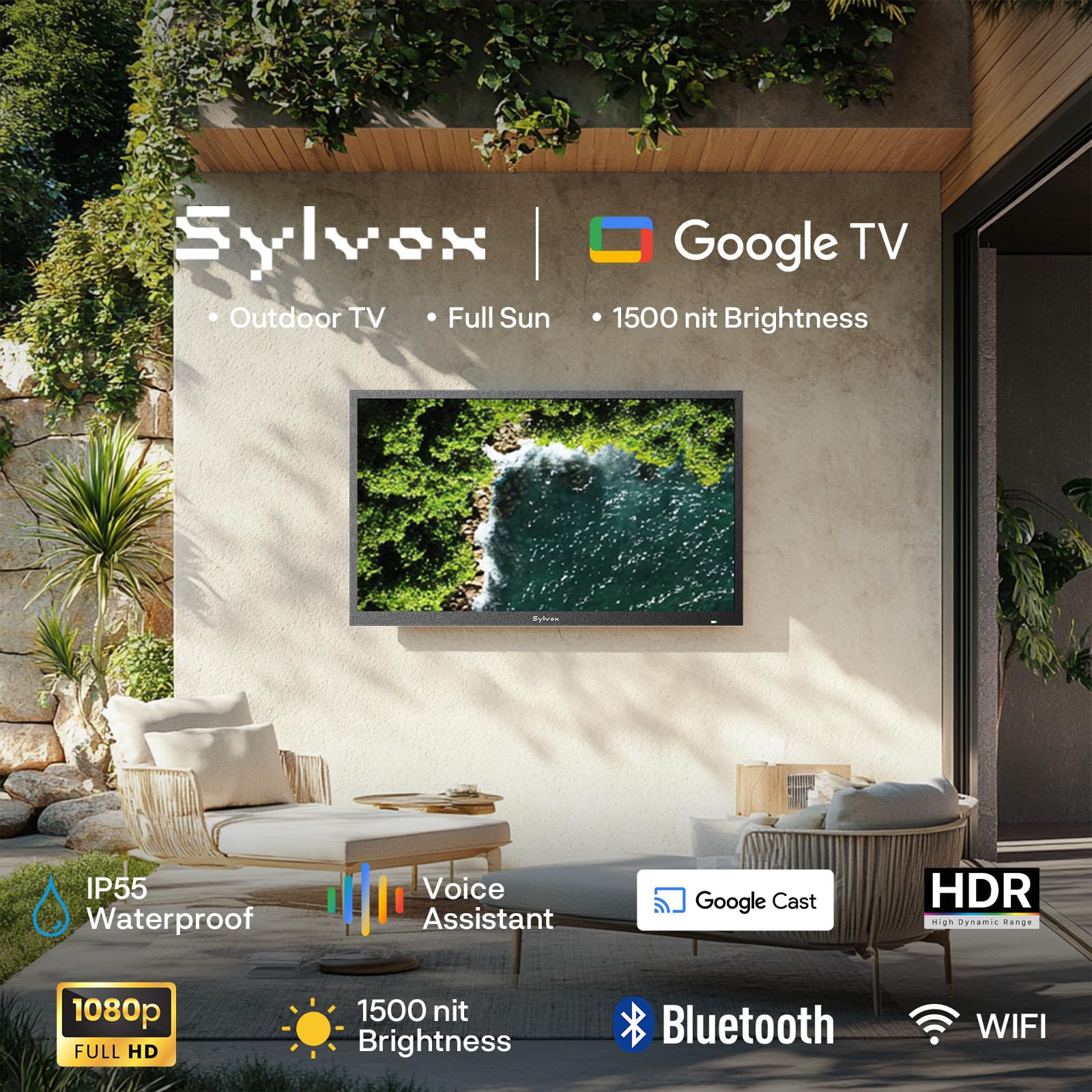 Sylvox 32 Smart Outdoor Tv,1080P Full Sun Outdoor Television With 1500 Nits High Brightness, Ip55 Weatherproof Tv For Outside, G