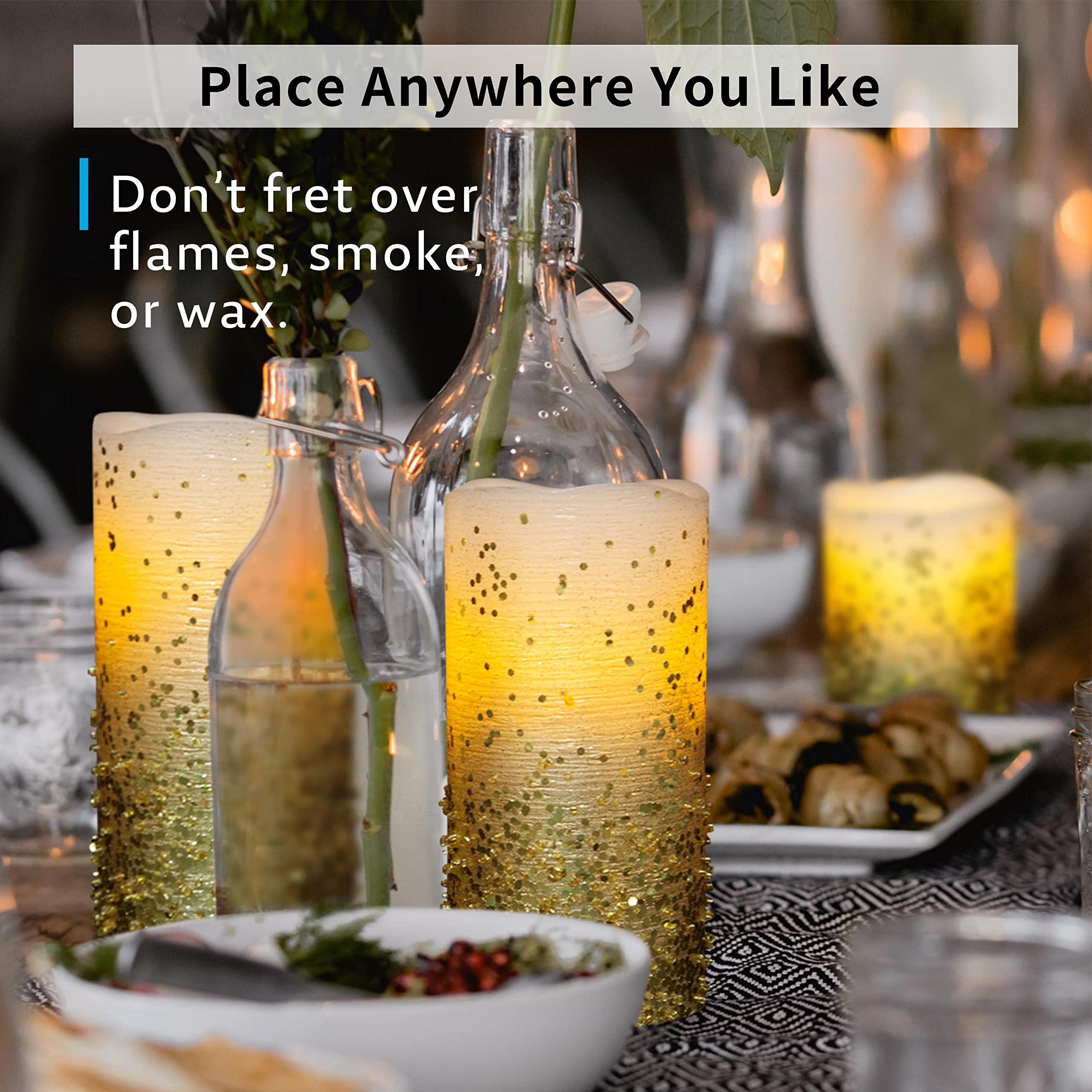 Furora Lighting Gold Glitter Real Wax Candles With Remote And Timer, 4 Pillars And 4 Votives Pack Of 8, Led Flameless Flickering