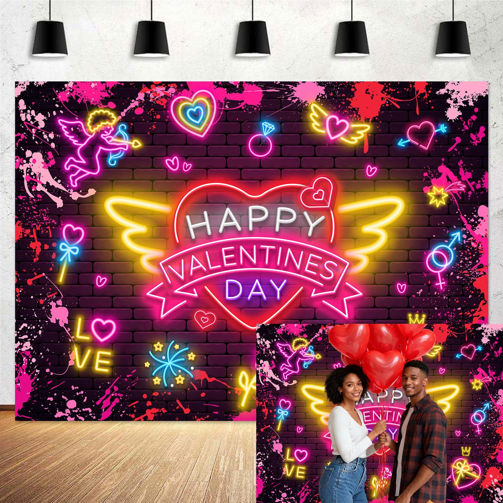 7X5FT Valentines Day Backdrop, Brick Wall Neon Red Graffiti Heart Valentines Photography Background, Romantic Valentine Theme L
