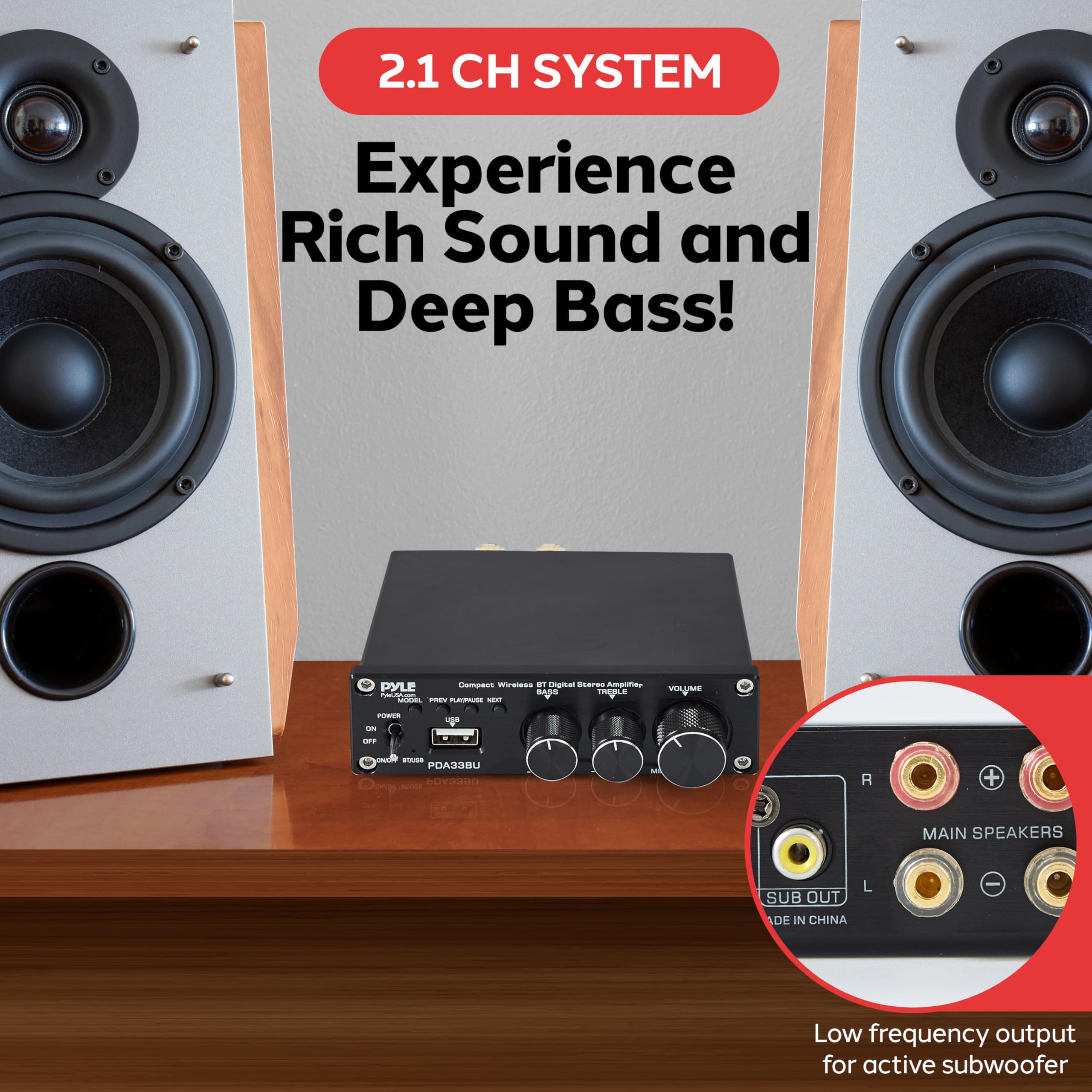 Pyle 200W 2.1 Ch Wireless Bluetooth 5.0 Stereo Power Amplifier - Mini Amp With Usb Player - Rca Input - Subwoofer Output - Bass