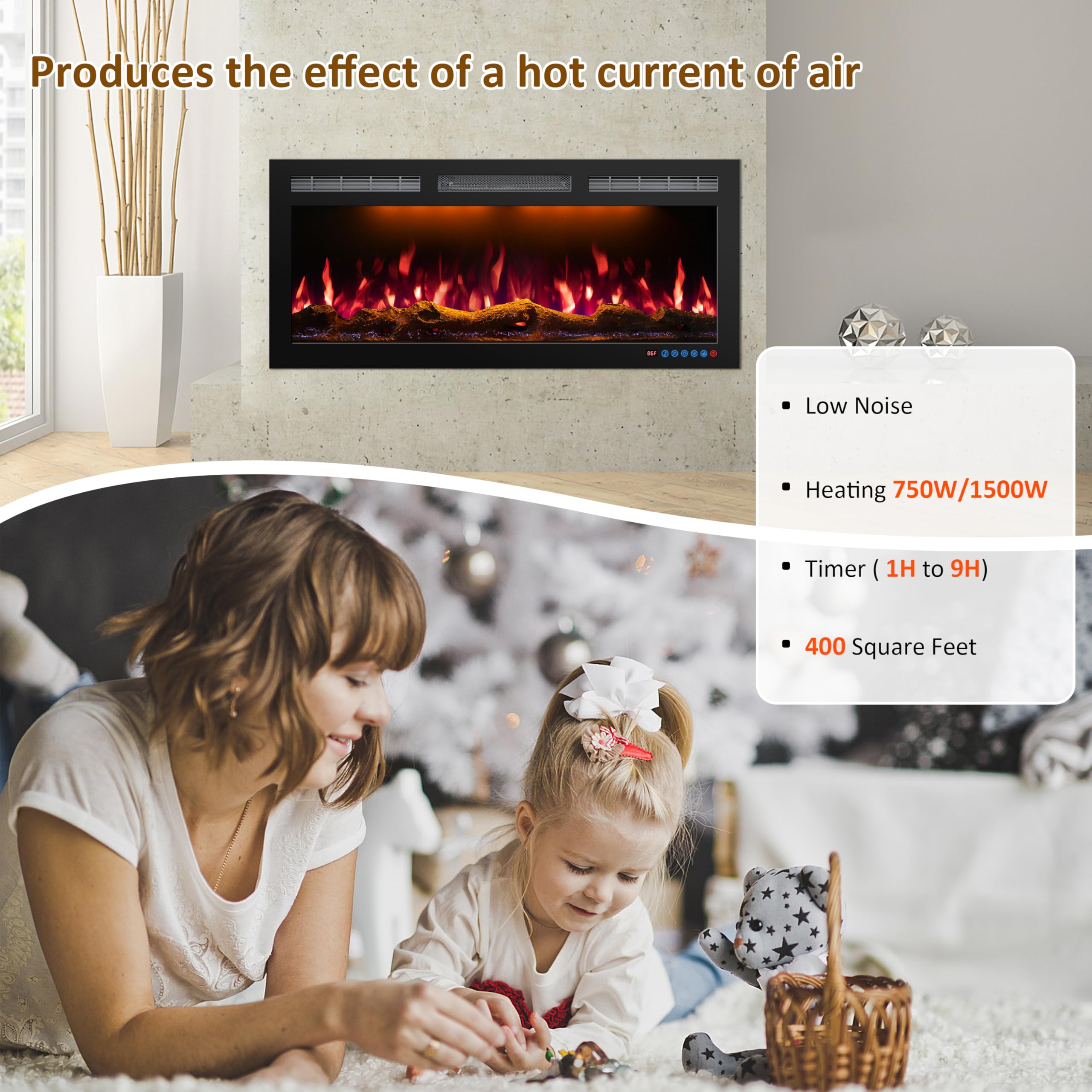 Mystflame 72 Inch Wifi-Enabled Electric Fireplace Inserts & Wall Mounted, Slim Electric Fireplace Heater, 750/1500W, Adjustable