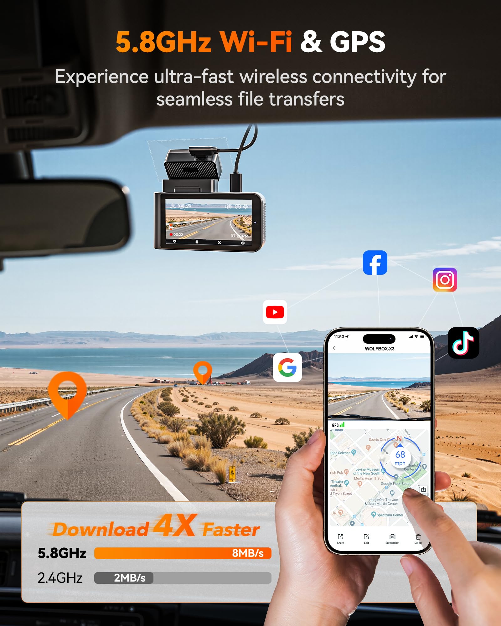 Wolfbox X3 2.5K 1440P 60Fps Dash Camera, Starvis 2 Imx675 With Adas, 1440P+1080P Dual Dashcam Front And Rear Camera With Built-I