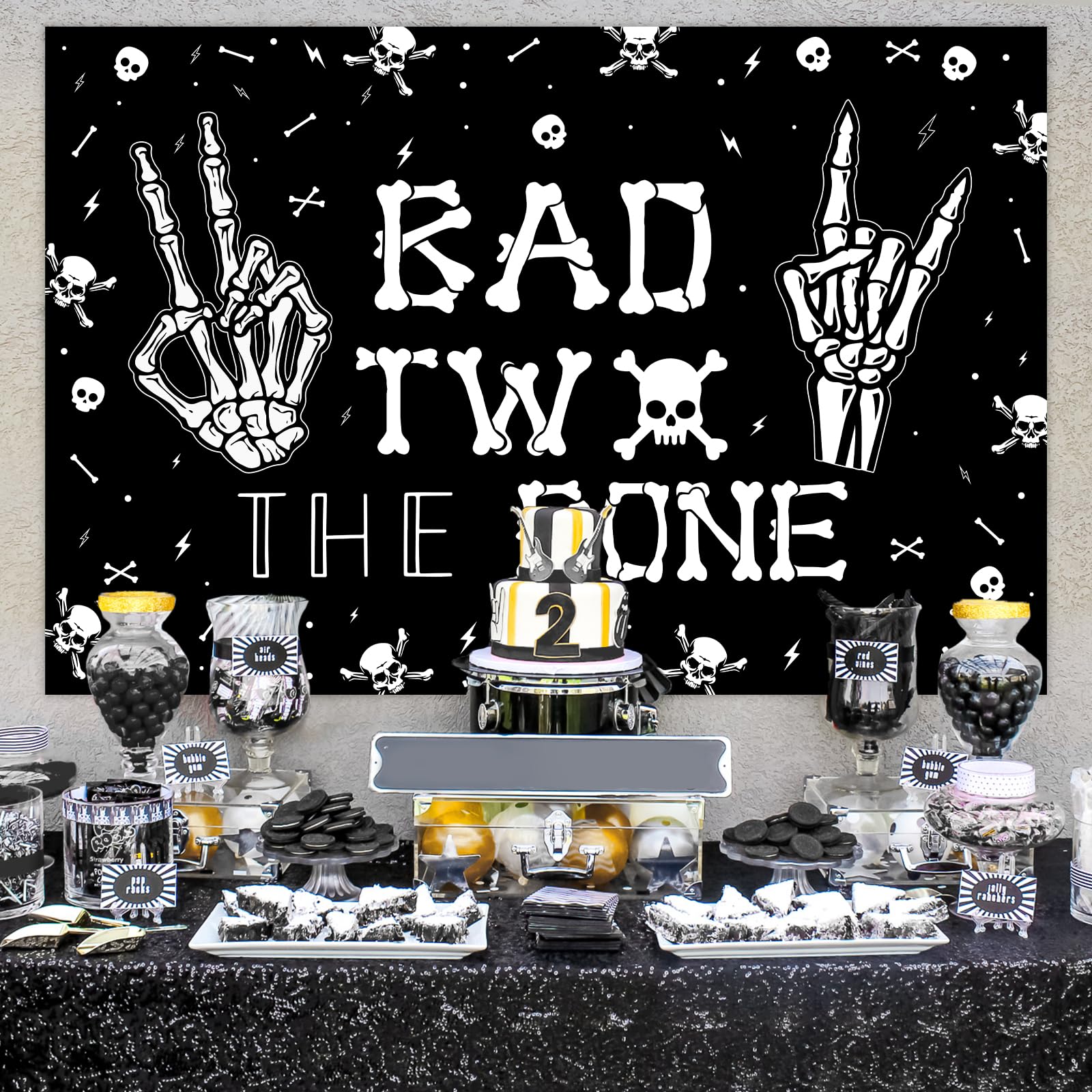 Kreat4Joy Bad Two The Bone Backdrop Banner 7 X 5 Ft, Skeleton Theme 2Nd Birthday Decorations For Music Rock And Roll Birthday Pa