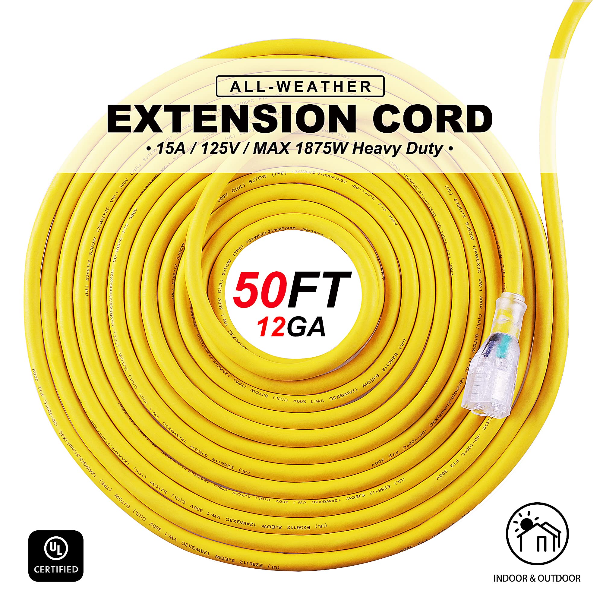 Aweltec Outdoor 14/3 Extension Cord 14Awg 100Ft 13Amp 1625Watts, Tpe Rubber Sjeow ( 58F To +221F) Lighted Power Cord, Blue + Whi
