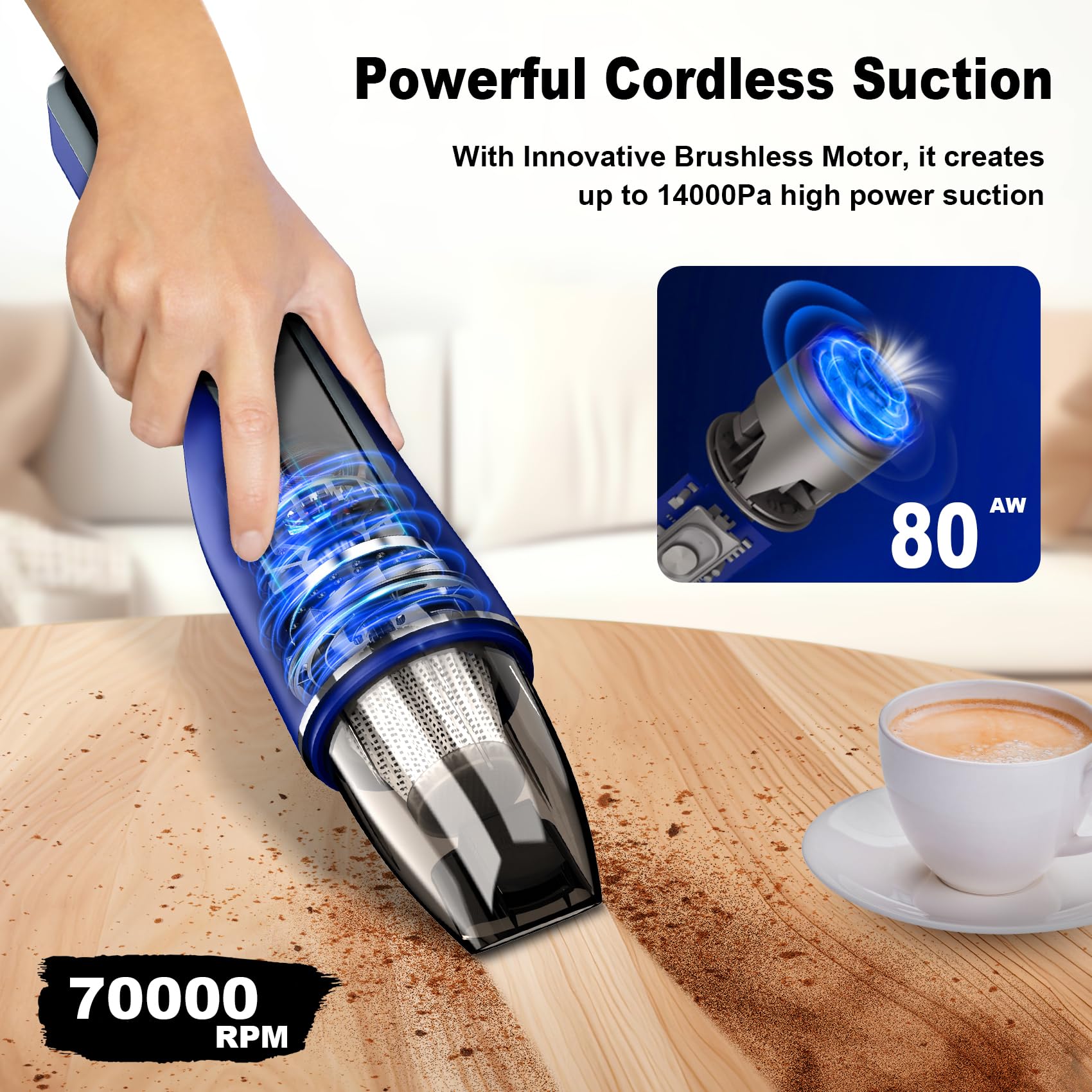 Drecell Handheld Vacuum Cordless, Car Vacuum With Brushless Motor & 14000Pa Suction, 1.2Lbs Lightweight, Led Light, Portable Sli