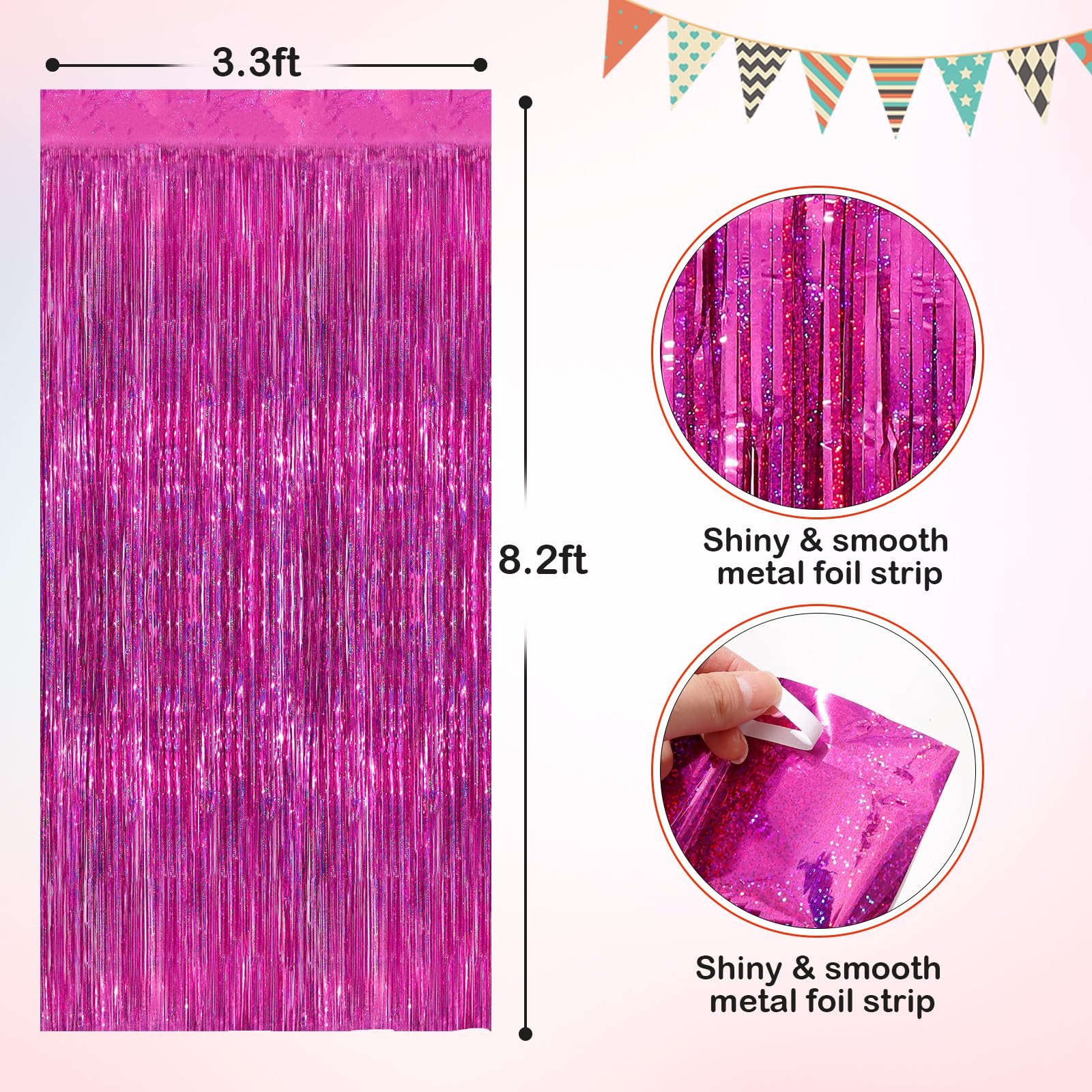 Hot Pink Metallic Tinsel Foil Fringe Curtains, 2 Pack 3.3X8.3 Feet Party Streamer For Birthday Party Decorations, Halloween Deco