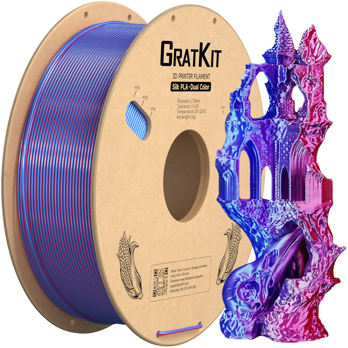 Gratkit Silk Dual Color Pla Filament, Coextrusion Pla Filament 1.75Mm,  0.03Mm, 1Kg/Roll, Silk Pla Light Blue & Rose Red
