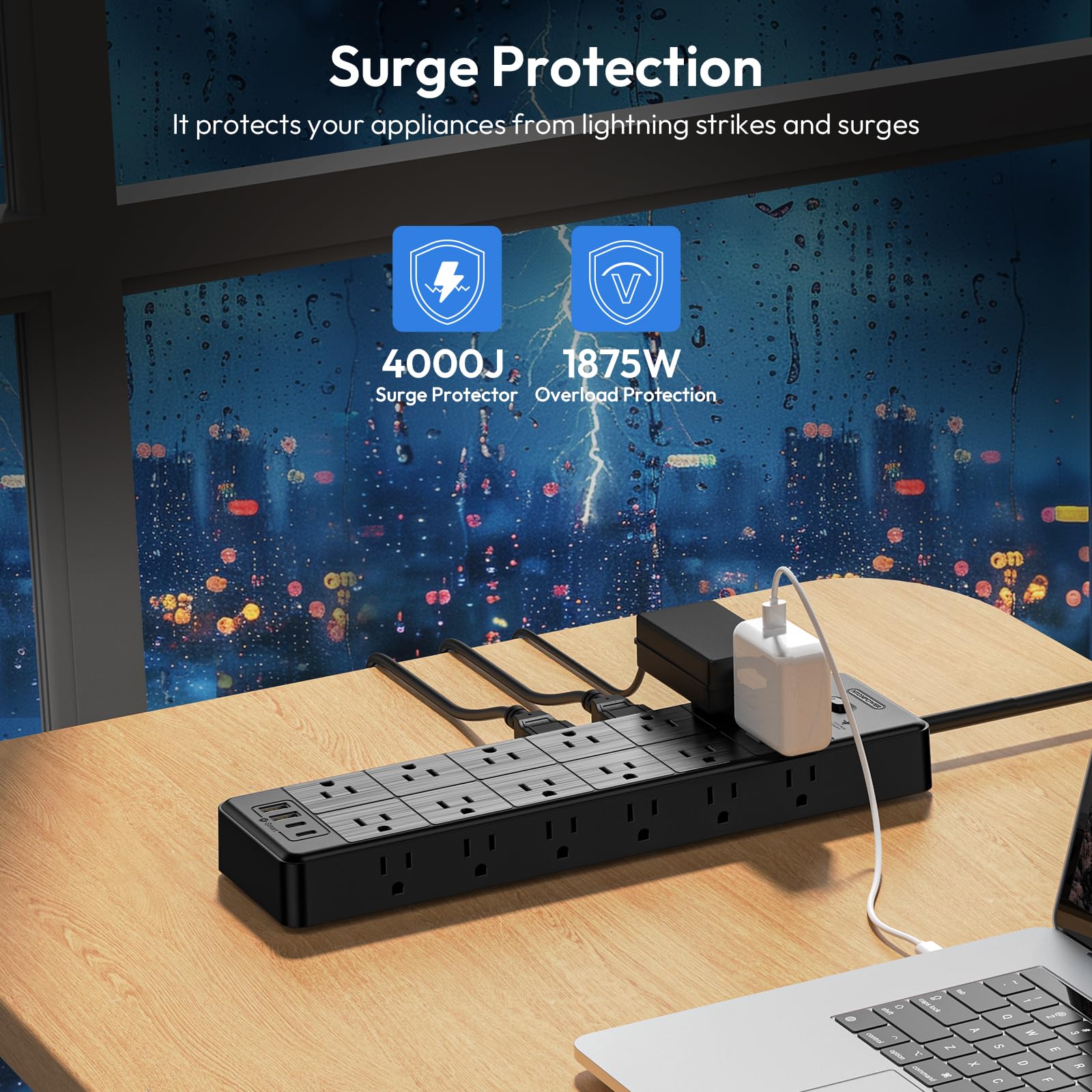 24 Widely Outlets Extension Cord 10 Ft Ntonpower 15A/1875W Power Strips With Surge Protection 4000J,Black Extension Cord Surge P