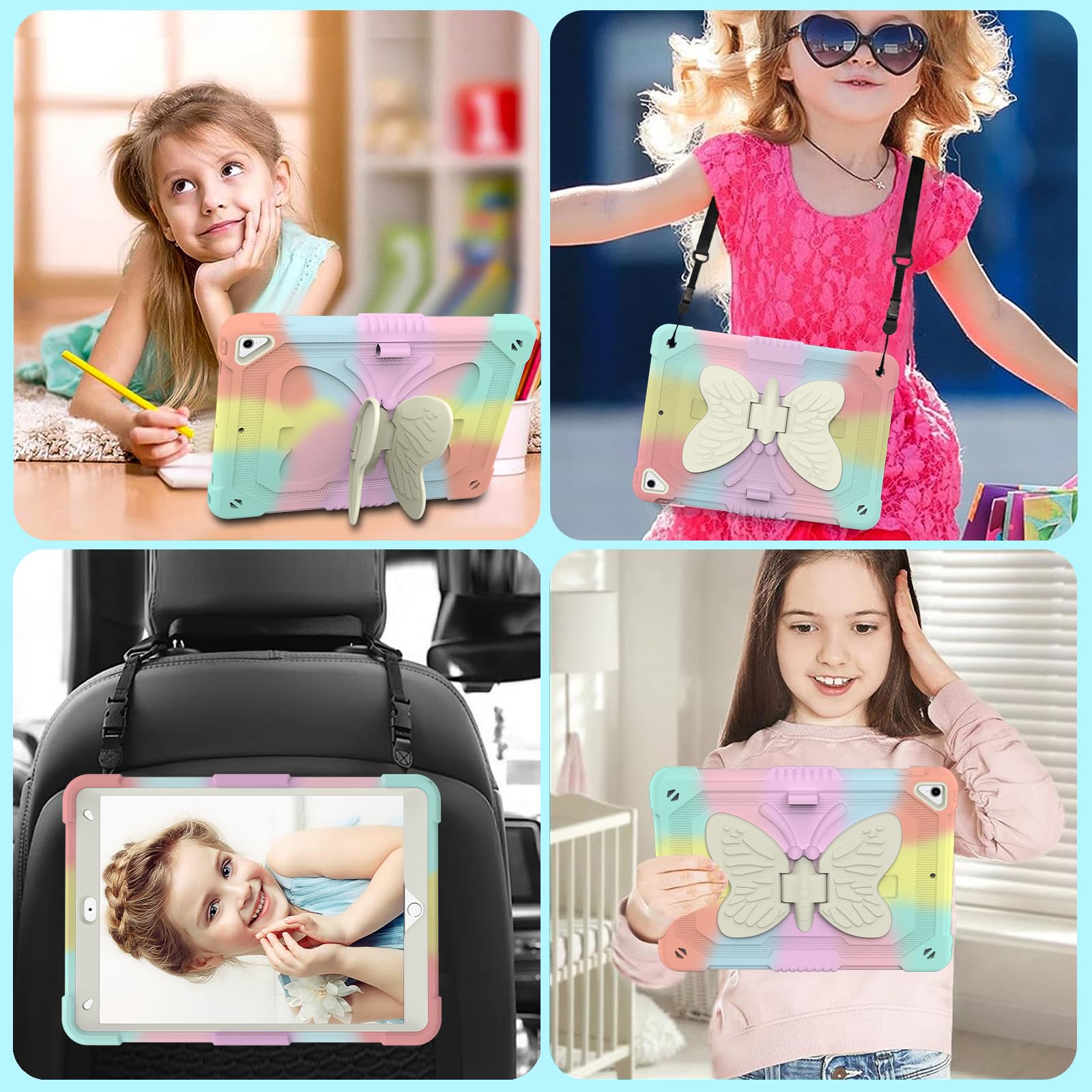 Hogenl For Ipad 9Th 8Th 7Th Generation Case For Kids Girl With Pencil Holder, For Ipad 10.2 Case With Butterfly Stand Shoulder S