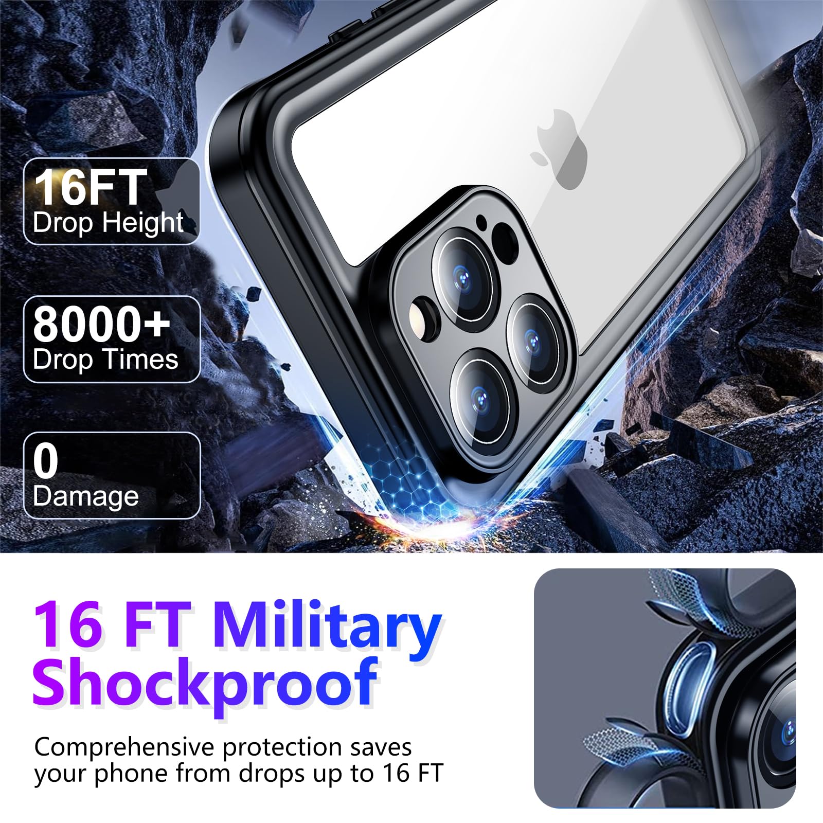 Temdan Compatible With Iphone 16 Pro Case Waterproof, Built In Screen & Camera Protector Ip68 Underwater Full Body 16Ft Military