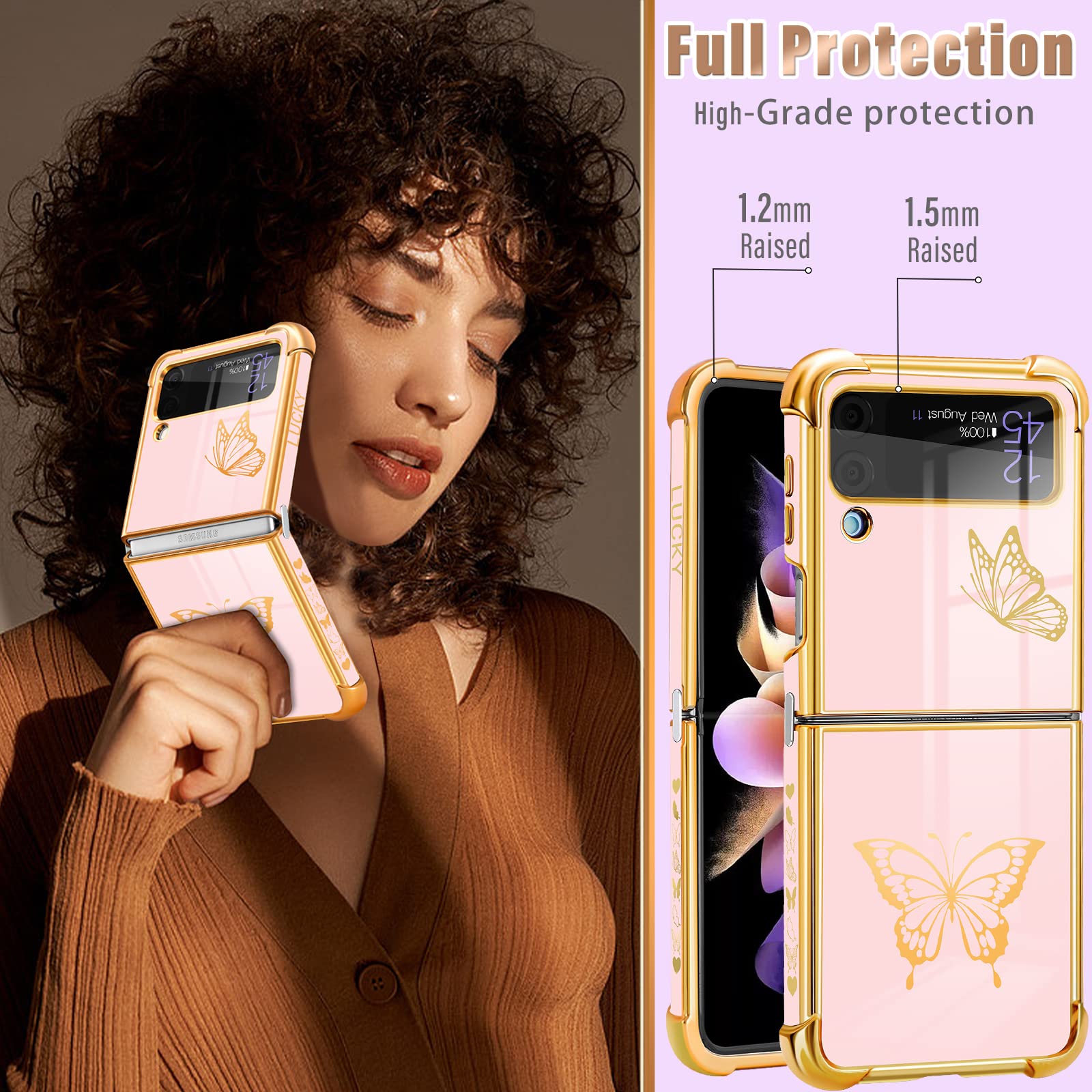 Goocrux For Samsung Galaxy Z Flip 3 Case Butterfly For Women Girls Girly Pretty Phone Cases Cute Pink And Gold Butterflies Patte