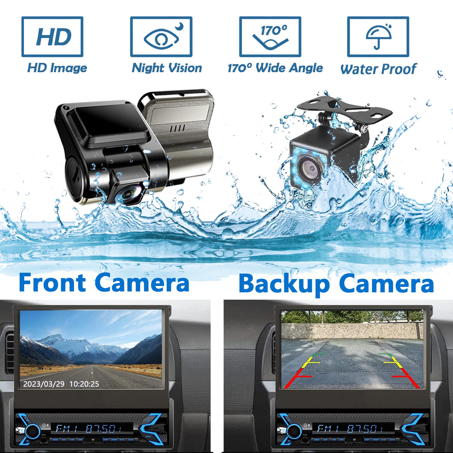 Naifay Single Din Car Stereo With Dash Cam & Backup Camera, 7Inch Flip Out Single Din Touchscreen Car Stereo With Apple Carplay