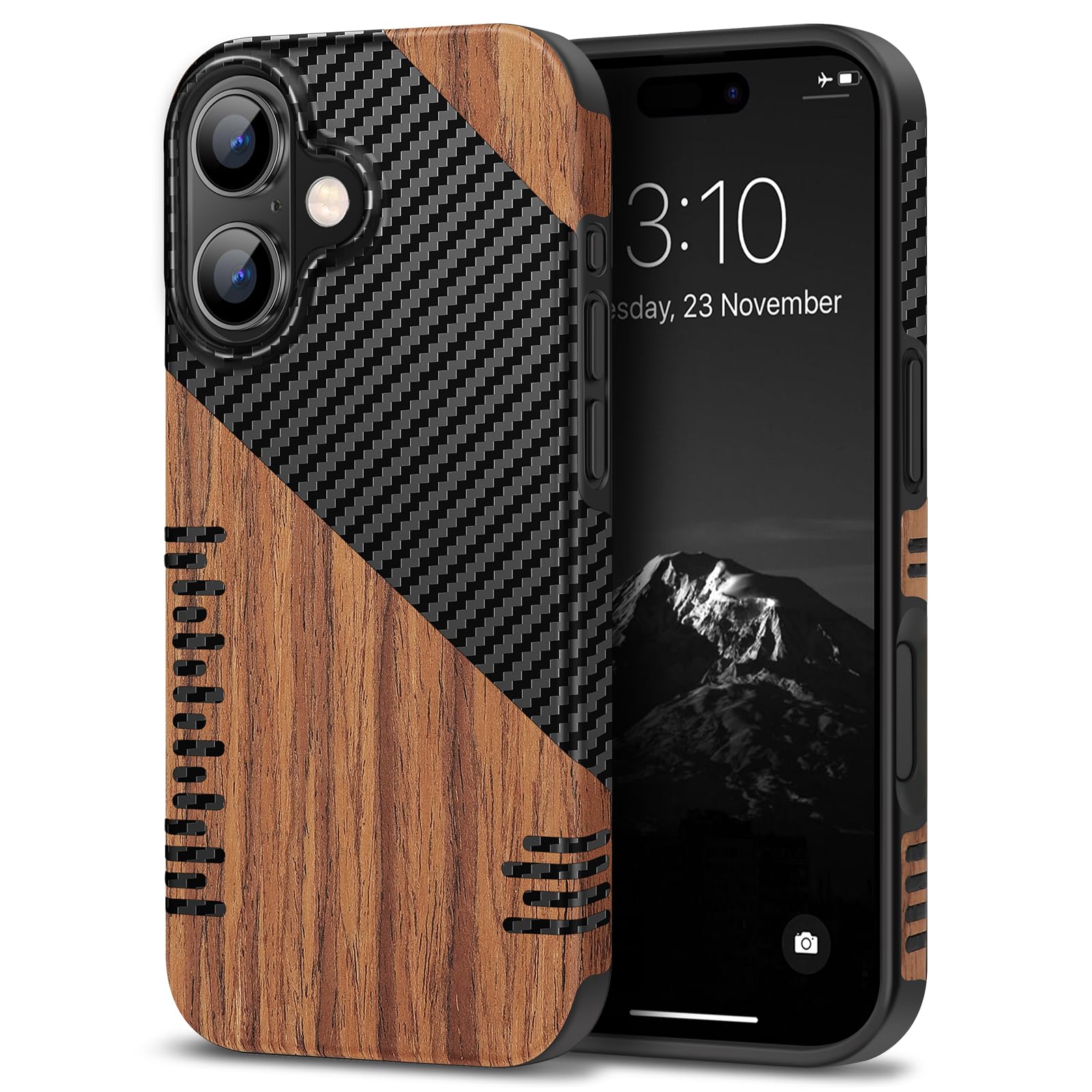 TENDLIN Compatible with iPhone 16 Plus Phone Case Wood Grain with Carbon Fiber Texture Design Leather Hybrid Slim Case (Twill)