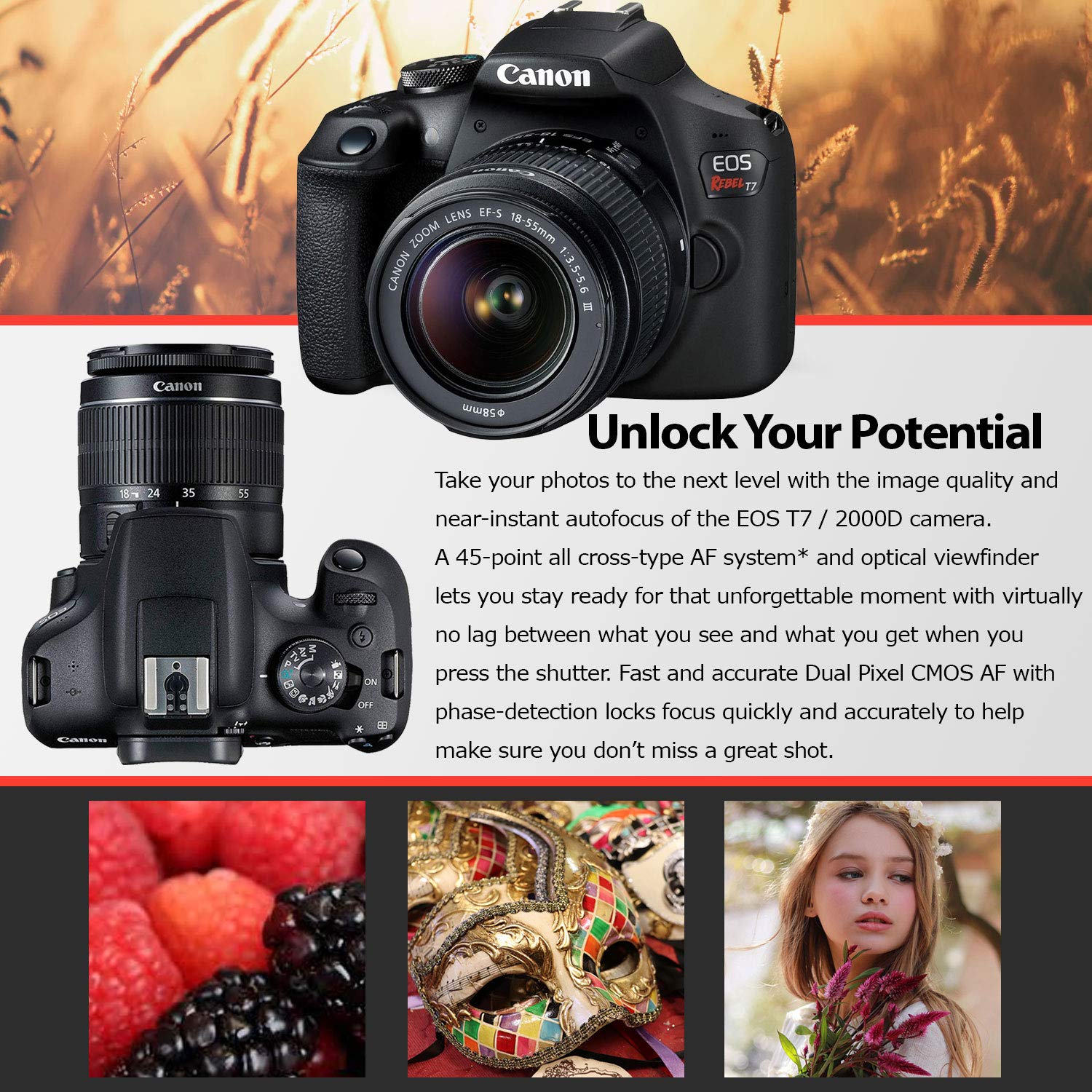 Canon Eos Rebel T7 18-55Mm Dc Iii Kit With Full Hd Video Wi-Fi And Nfc Kit