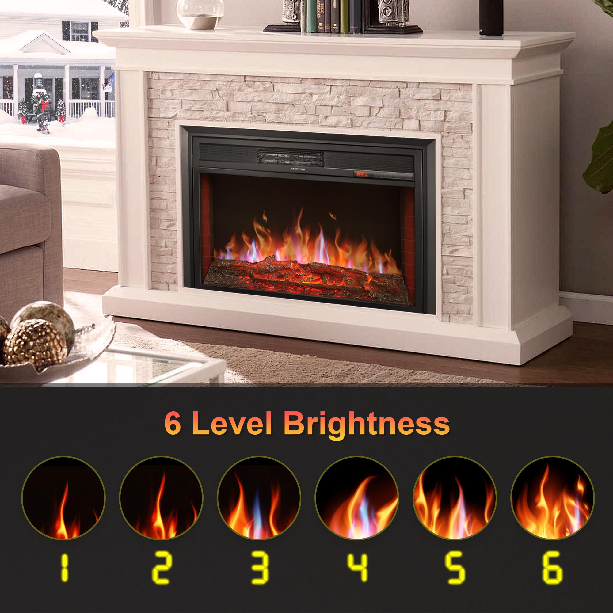 32'' Electric Fireplace Inserts Heater   Recessed Fire Places Electric Fireplace Insert With Remote Control, 8H Timer, 6 Brightn