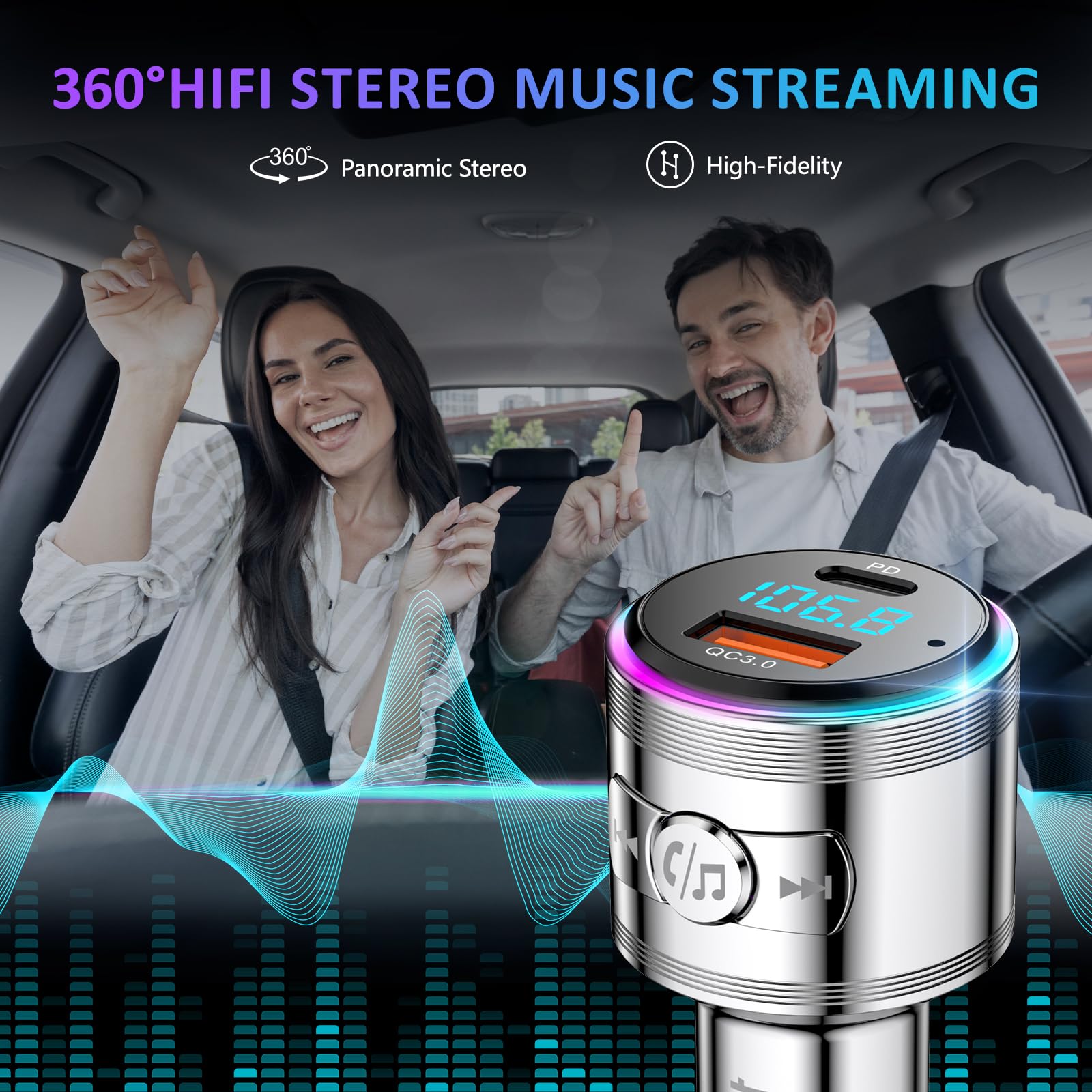 Lencent Bluetooth 5.3 Fm Transmitter,Full Metal Bluetooth Car Adapter With Pd 20W & Qc3.0 Fast Charger,Hi Fi Music/Clear Calling