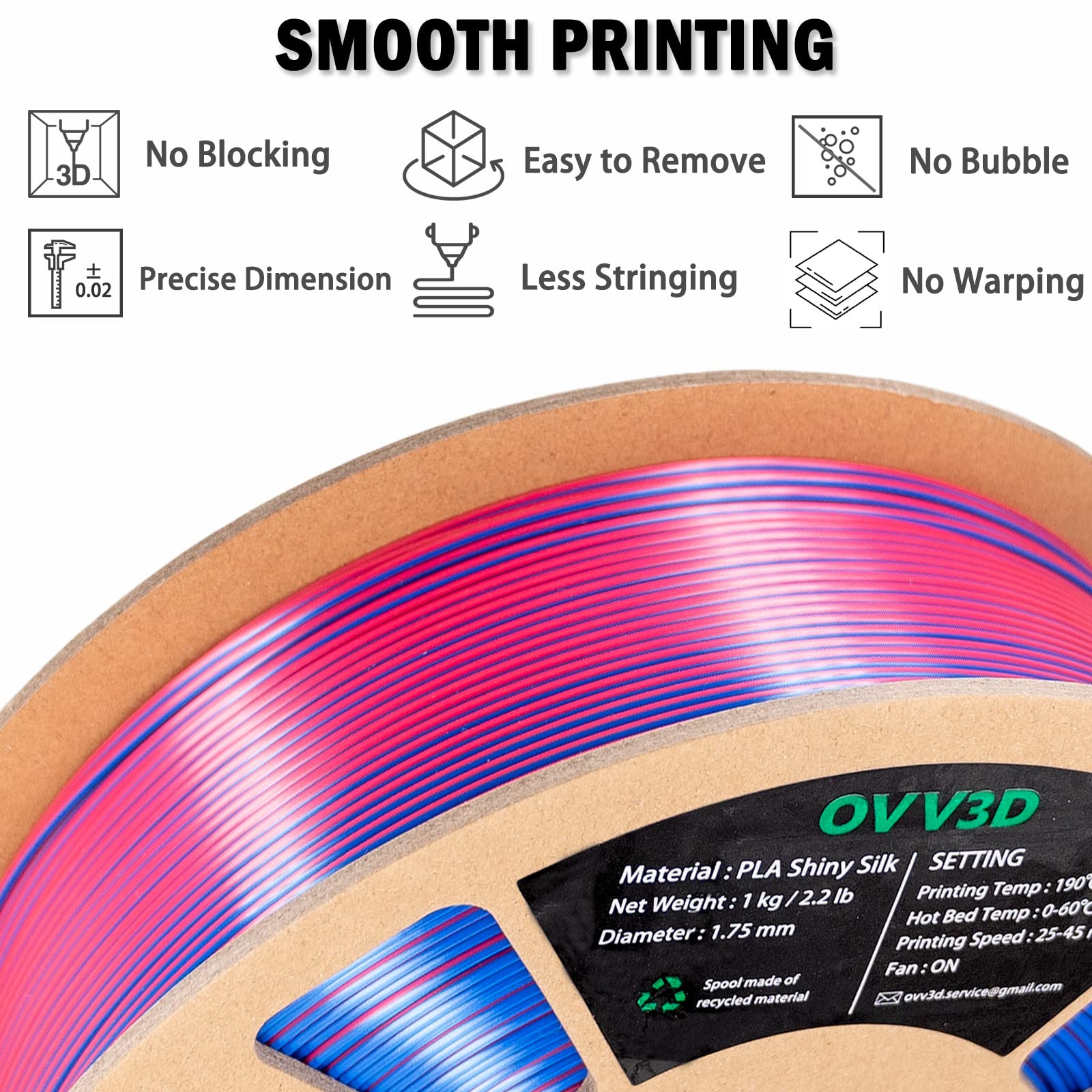 Ovv3D Pla Filament 1.75Mm, Silk Pla Dual Color 3D Printer Filament, Blue Red Coextrusion Filament, Color Change Every Inch Filam