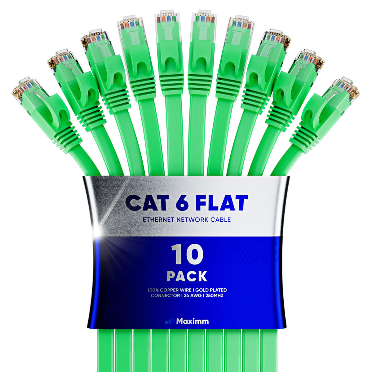Cat 6 Ethernet Cable 12 Ft   With A Flat, Space Saving Design High Speed Internet & Network Lan Patch Cable, Rj45 Connectors   12Ft / Green / 10 Pack   Perfect For Gaming, Streaming, And More