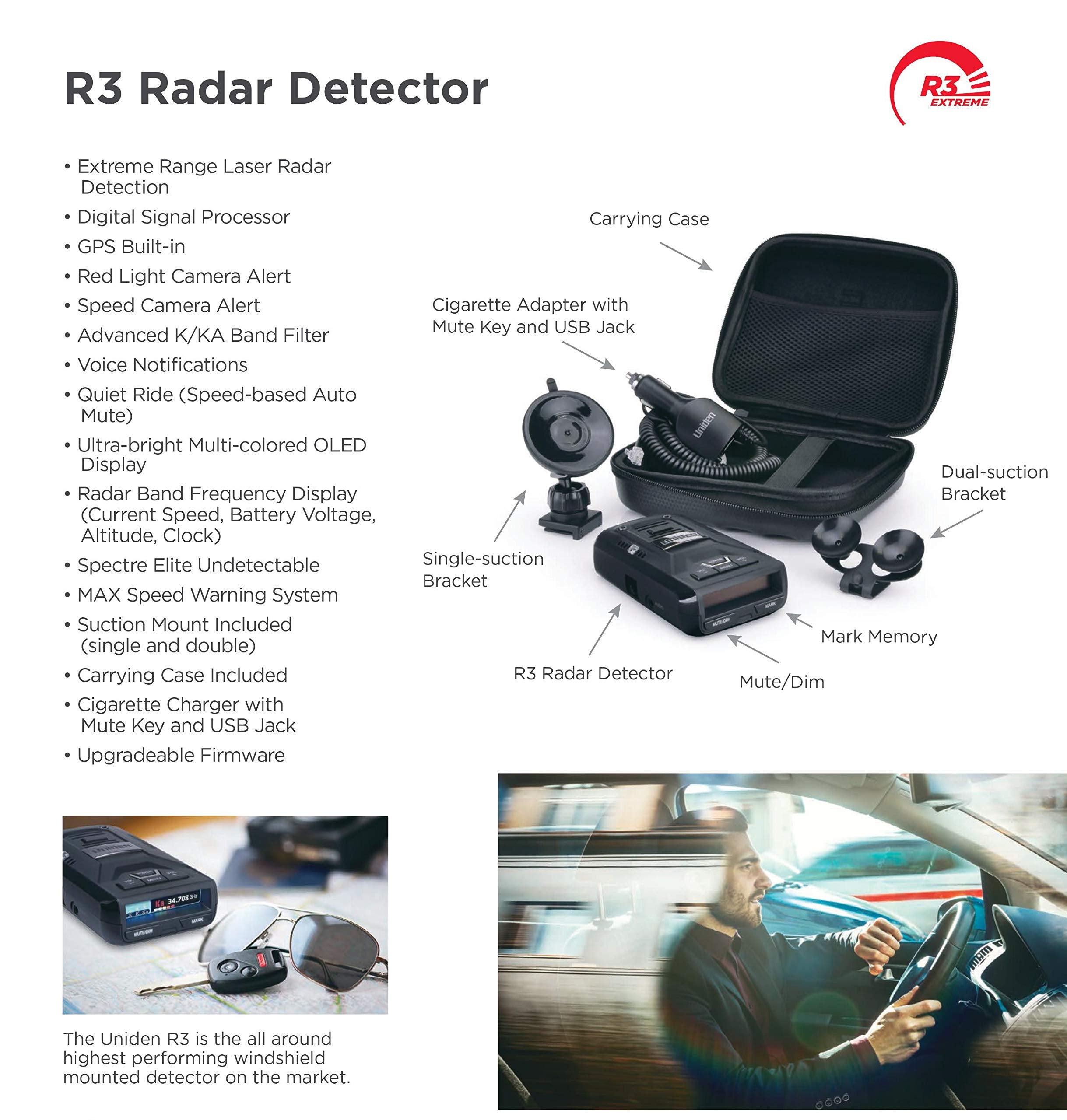 Uniden R3 Extreme Long Range Laser/Radar Detector, Record Shattering Performance, Built In Gps W/ Mute Memory, Voice Alerts, Red