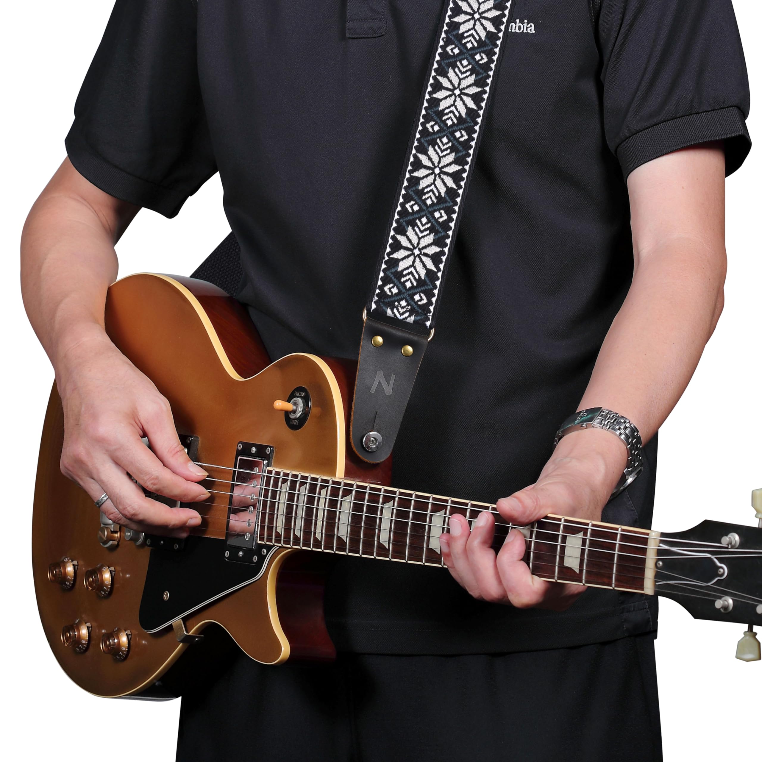 Nefelibata Guitar Strap, Vintage Embroidered Cotton Guitar Straps With Head Cowhide Leather Ends For Bass, Electric & Acoustic G