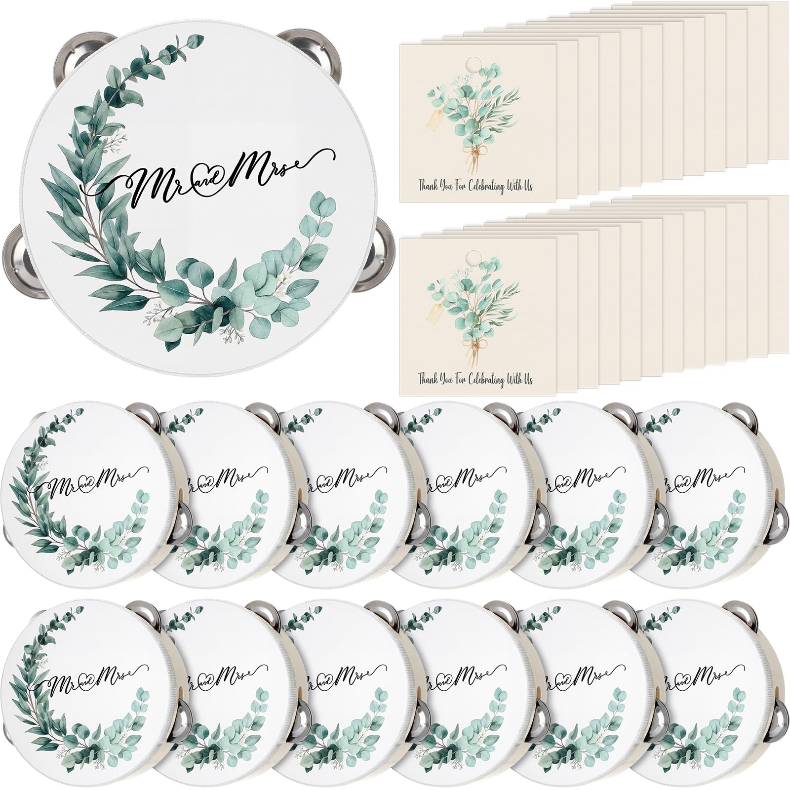 Fiada 48 Pcs Wedding Tambourines Bulk for Adults, 6 Inch Wooden Handheld Drum with Metal Jingles Thank You Cards, Percussion Gif