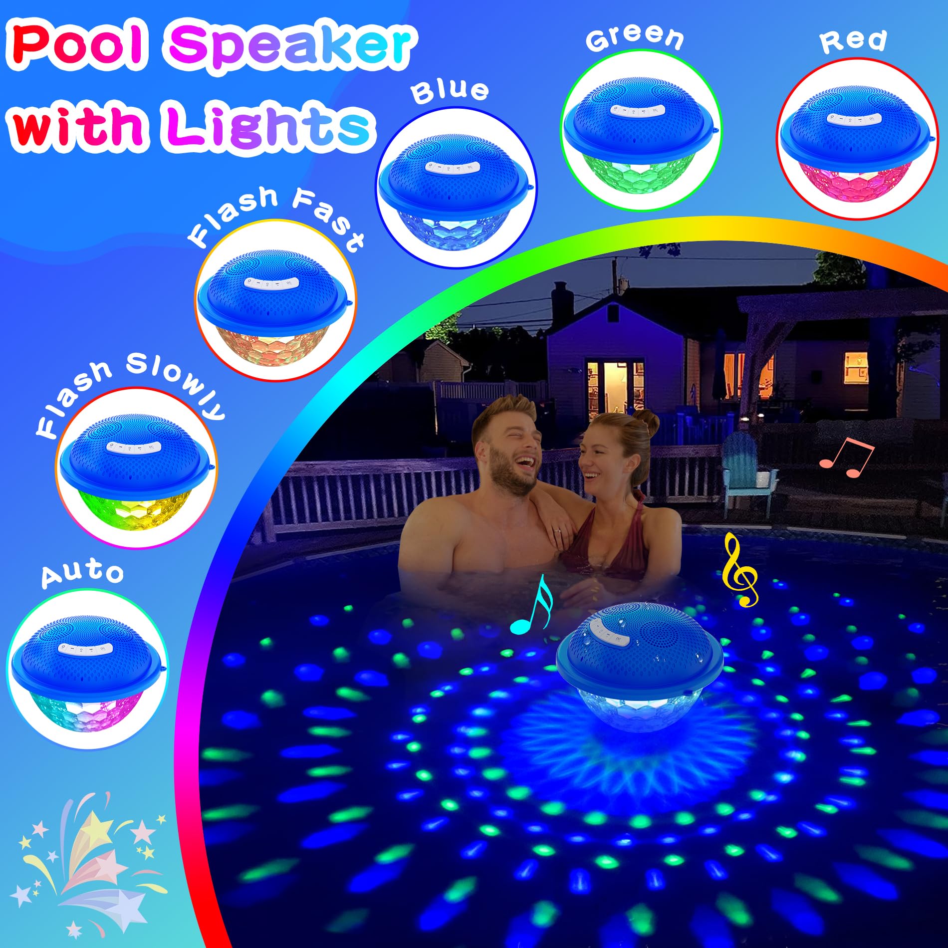 Kingsom Bluetooth Pool Speaker,Floating Pool Speaker With Colorful Lights,Hot Tub Speaker Ip68 Waterproof Pool Speaker,16W Loud Stereo Sound Bluetooth Speaker,Tws Pairing Floating Speaker For Pool