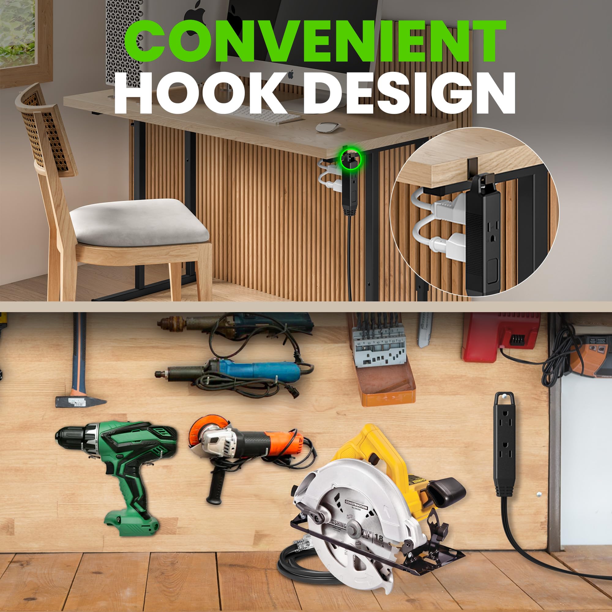 Gearit 360 Rotating Flat Plug Extension Cord (25Ft, Black) Multi 3 Outlet Extension 16 Awg Wire, Adapter For Small Spaces, Right