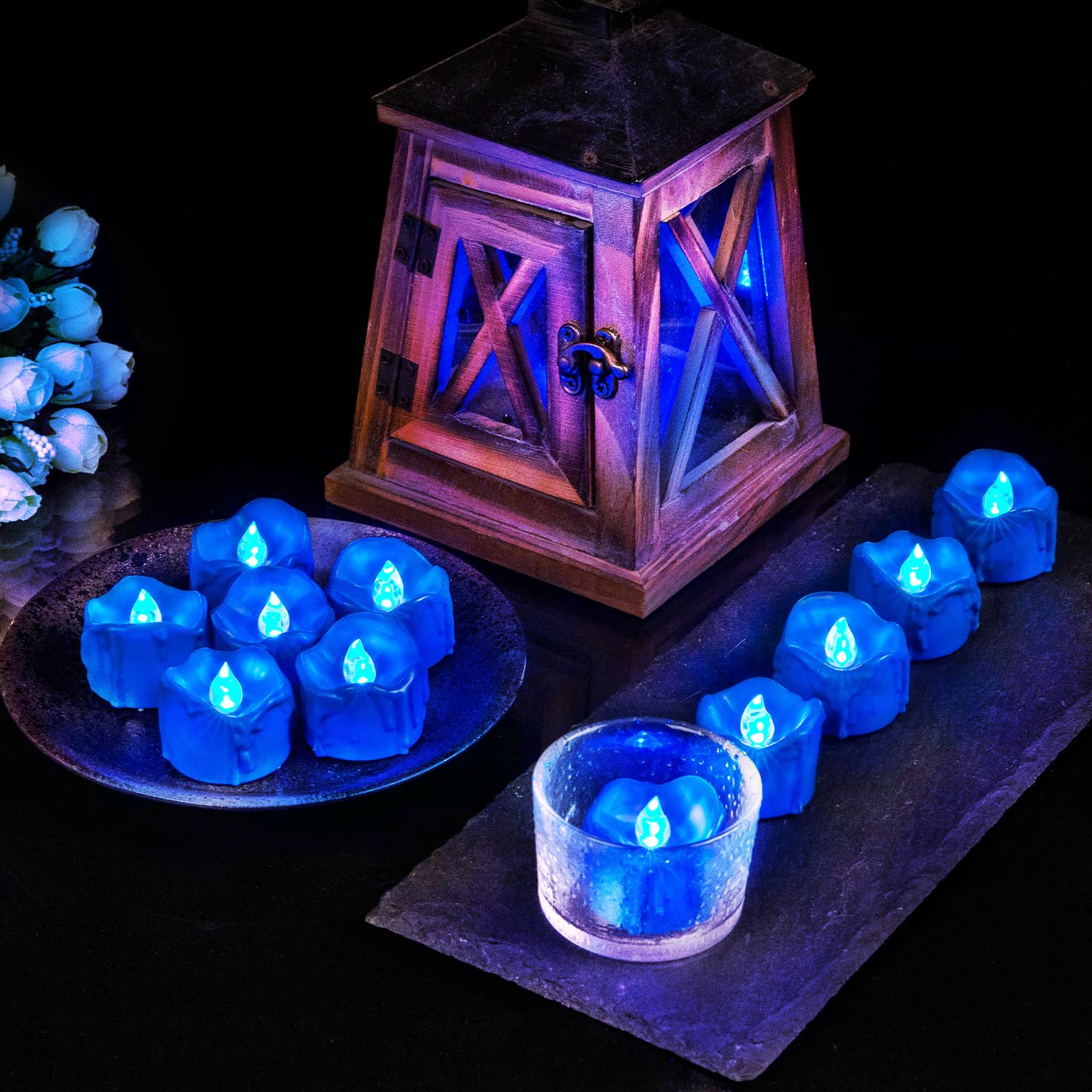 Windshell Blue Flickering Flame Tealight Candles With Timer, Melting Design (Plastic), Battery Operated Led Flameless Royal Blue