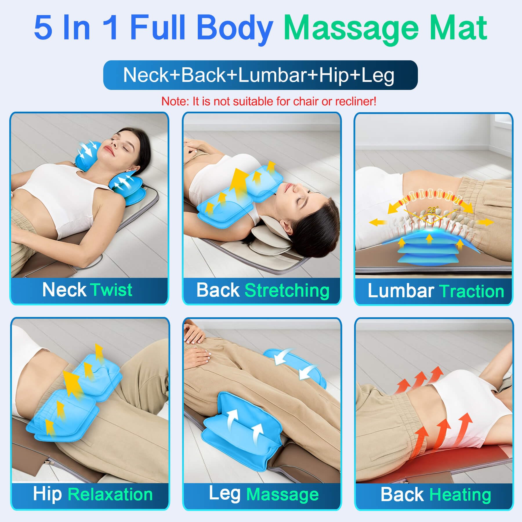Full Body Massage Mat, 3D Body Stretching & Lumbar Traction, Back Heating, Traction Up & Down, Curve Stretch, Twist Left & Right