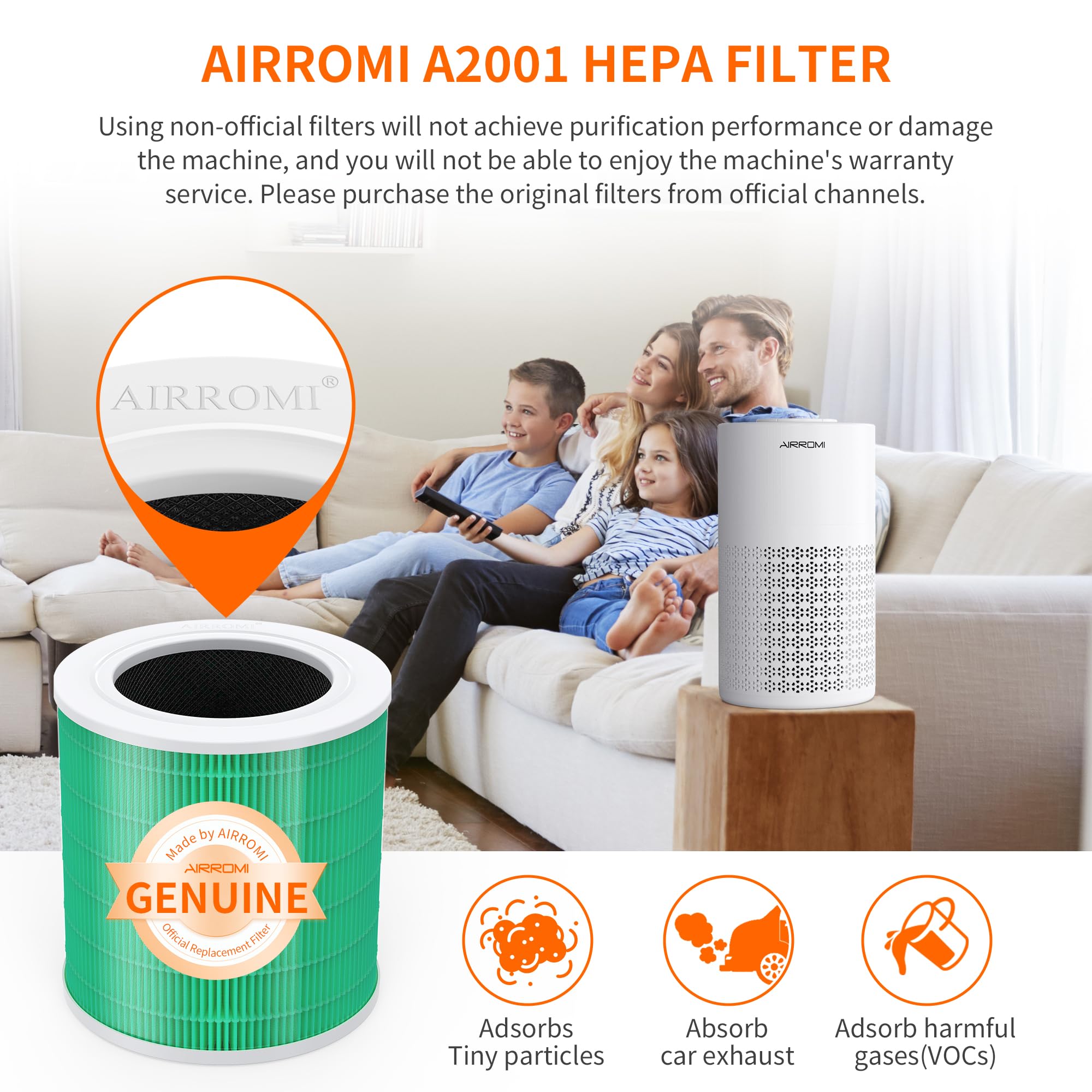 Airromi A2001 Hepa Air Purifier Replacement Filter, 3 In 1 Original Filter, Removes 99.97% Of 0.3 Micron Particles, Green Activa