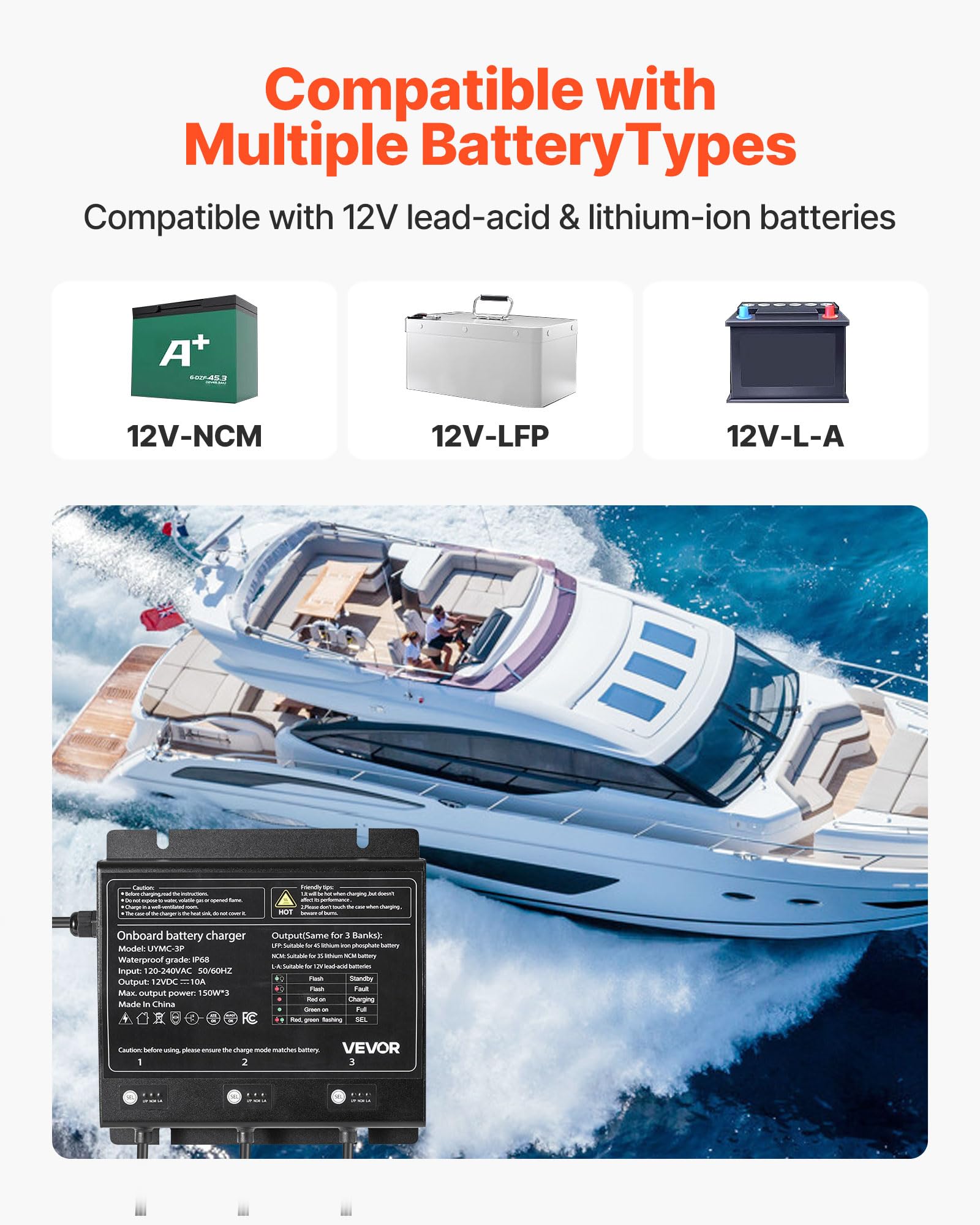 Vevor Marine Battery Charger, 3-Bank, 10A X 3, 12V Onboard Battery Charger, Ip68 Waterproof Smart Boat Charger, For Lithium-Ion