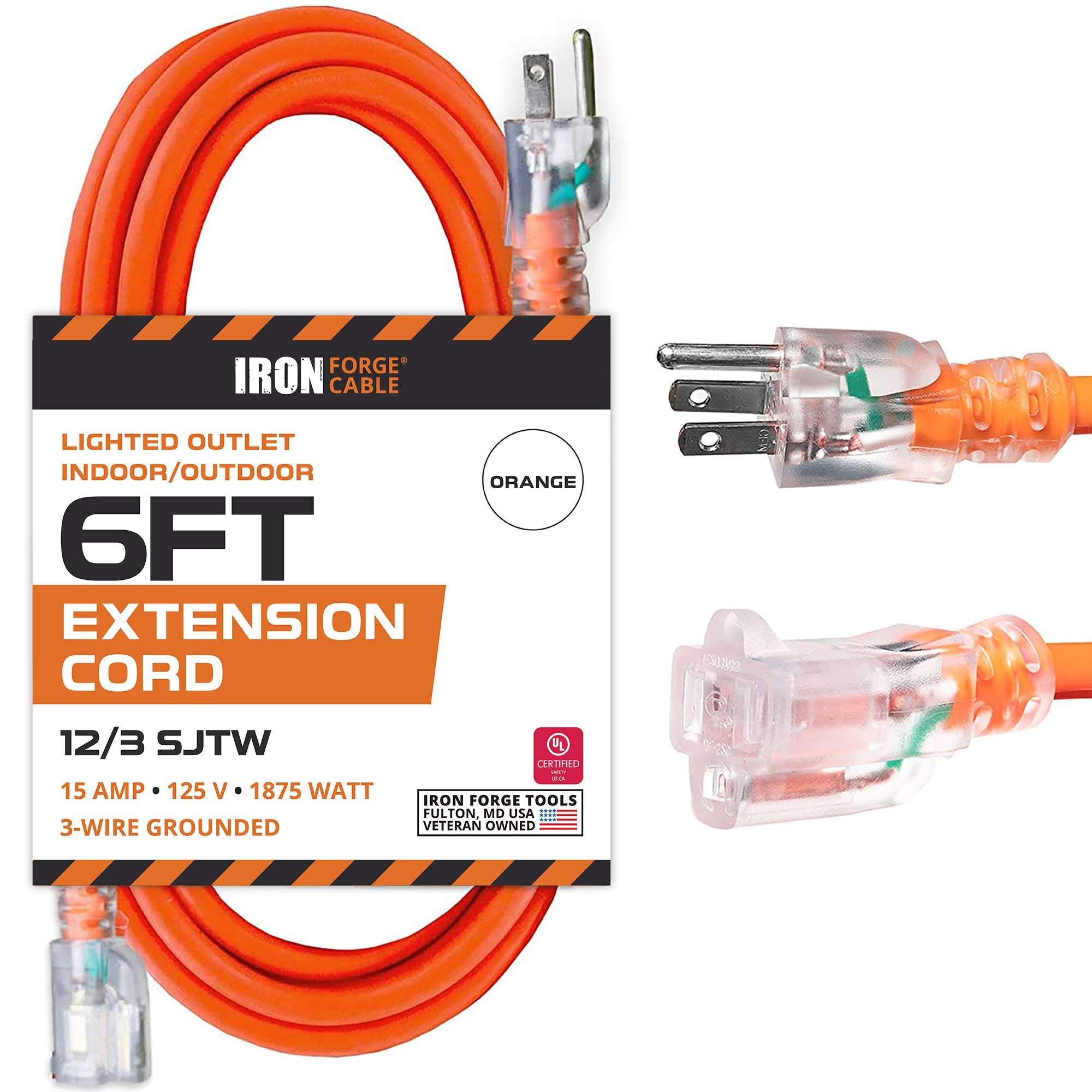 Iron Forge Cable 12 Gauge Extension Cord 6 Ft, 12/3 Sjtw 6 Foot Heavy Duty Extension Cord Outdoor 3 Prong, Weatherproof Orange P