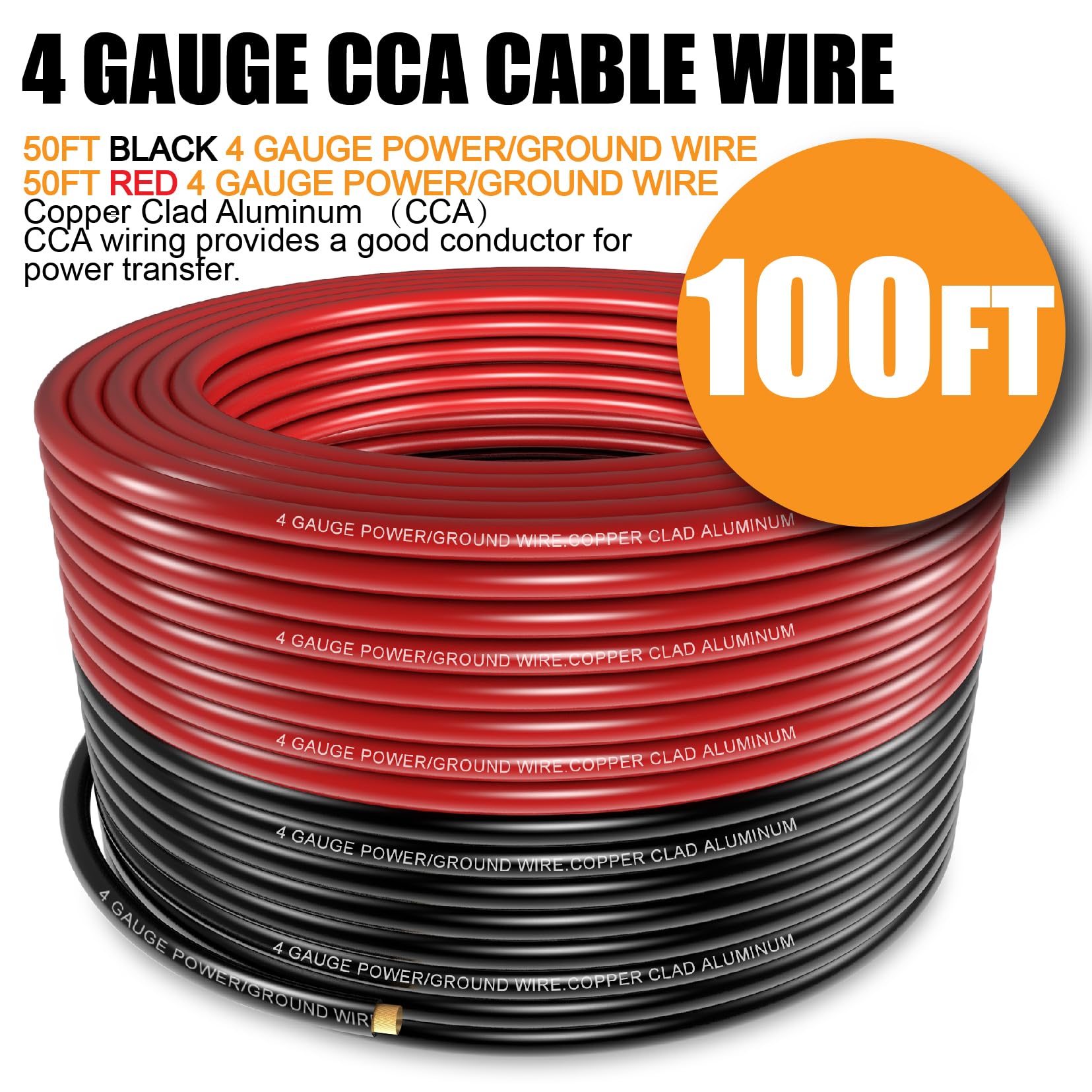 Fuzbaxy 4 Gauge Wire (50Feet Black+50Feet Red) Copper Clad Aluminum Cca   Primary Automotive Wire Power/Ground,20Pcs Lugs Termin