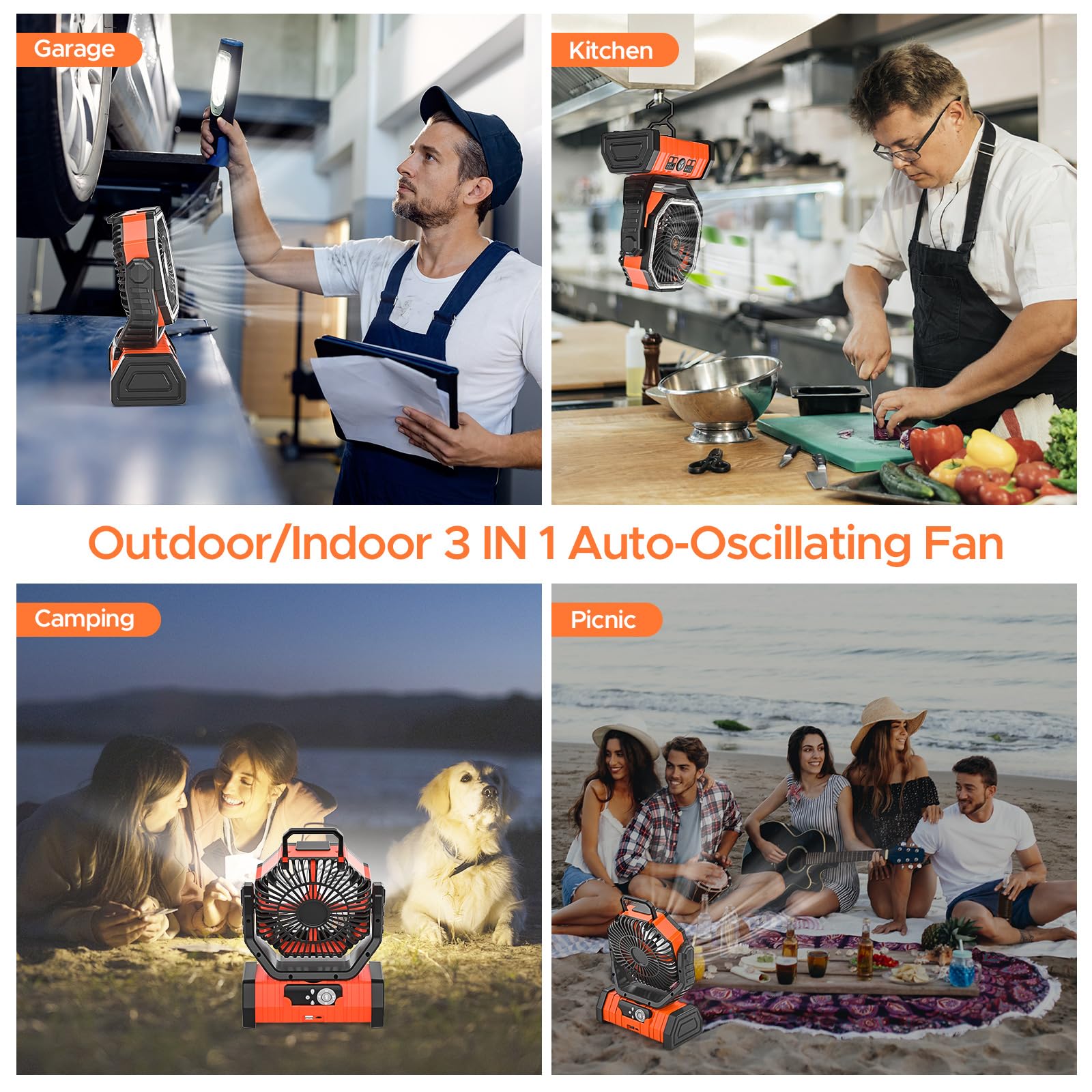 Rechargeable Camping Fan With Led Lantern, 20000Mah Auto Oscillating Battery Operated Fan With Remote/Hook/Timer, 8    Portable