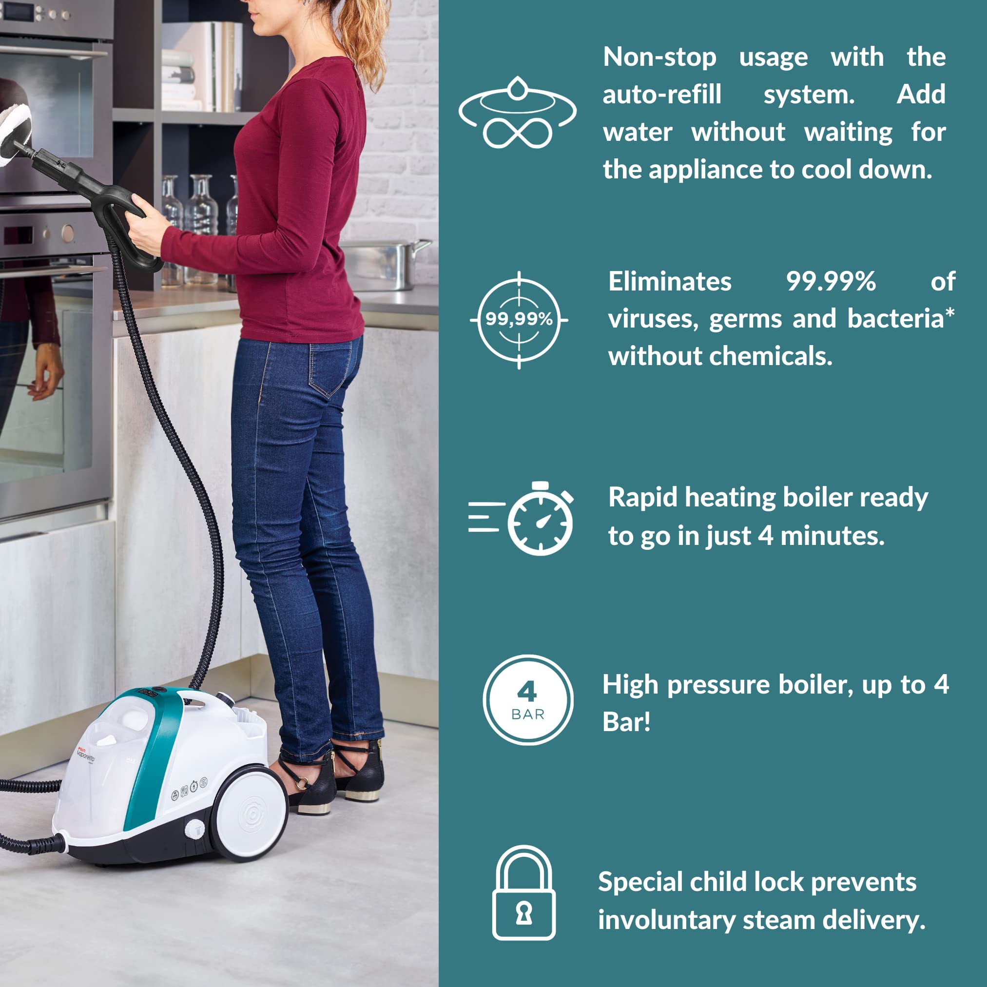 Polti Vaporetto Smart 100 Steam Cleaner With Continuous Fill, Sanitize, Clean Floors, Carpets And Other Surfaces Adjustable High