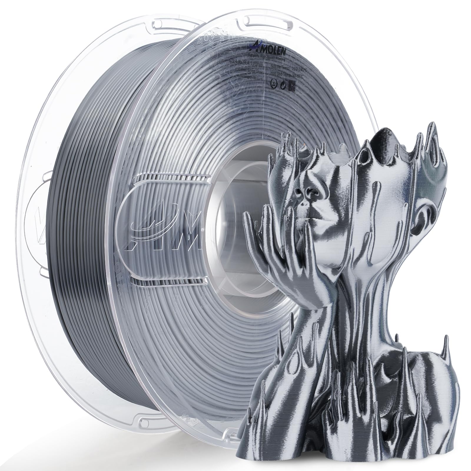Amolen Silk Pla Filament 1.75Mm 3D Printer Filaments, Shiny Silver Grey Filament For 3D Printing, 1Kg(2.2Lbs) Spool, Compatible