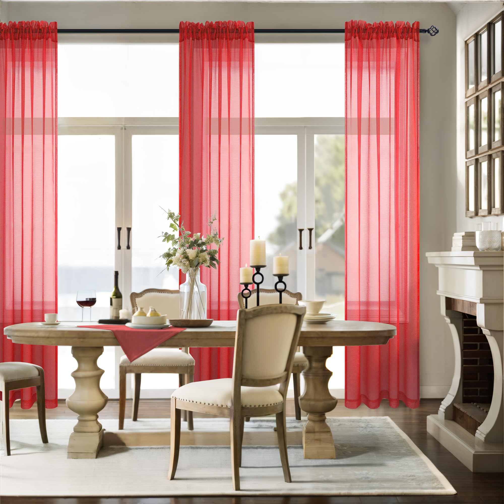 Christmas Decor Red Curtains 63 Inch Length For Boys Room 2 Panels Set Rod Pocket Sheer Curtains For Kitchen Kids Bedroom 52X63