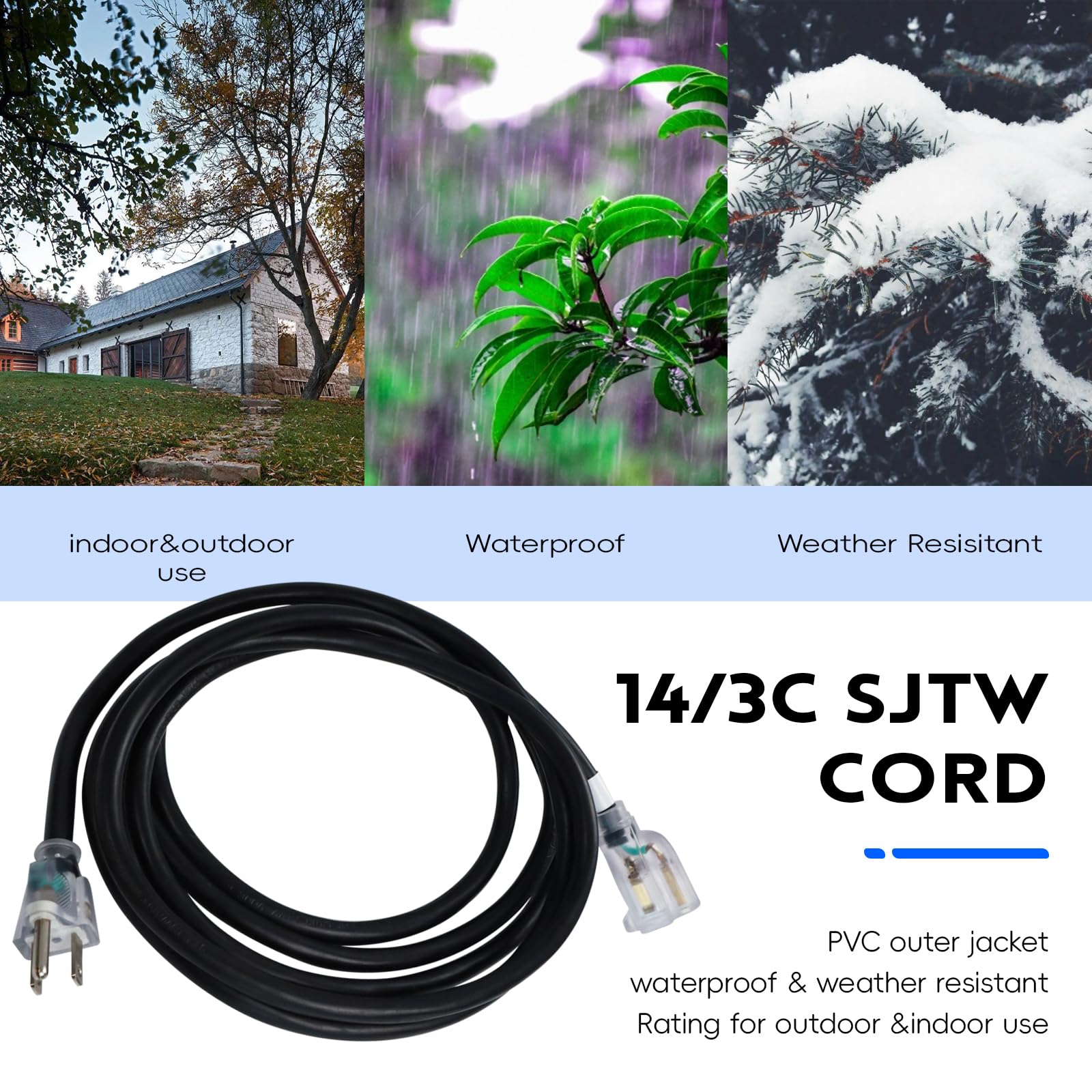 Ep 10Ft 14/3 Lighted Outdoor Extension Cord   14 Gauge 3 Prong Sjtw Heavy Duty Black Extension Cable With 3 Prong Grounded Plug